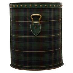 French Large Waste Paper Basket, Tartan Fabric, Leather with Bronze Accents