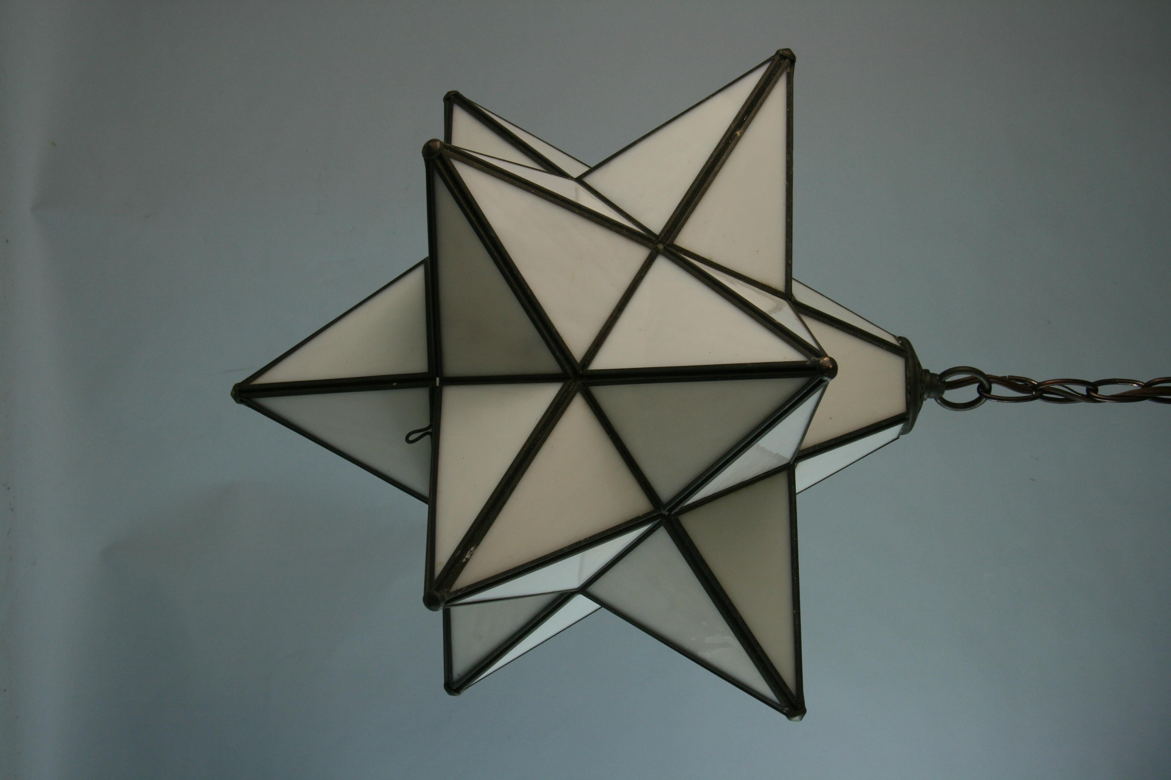 1506 French and crafted white glass star pendant
Takes one 60 watt max Edison based bulb
Supplied with 3 feet chain and canopy