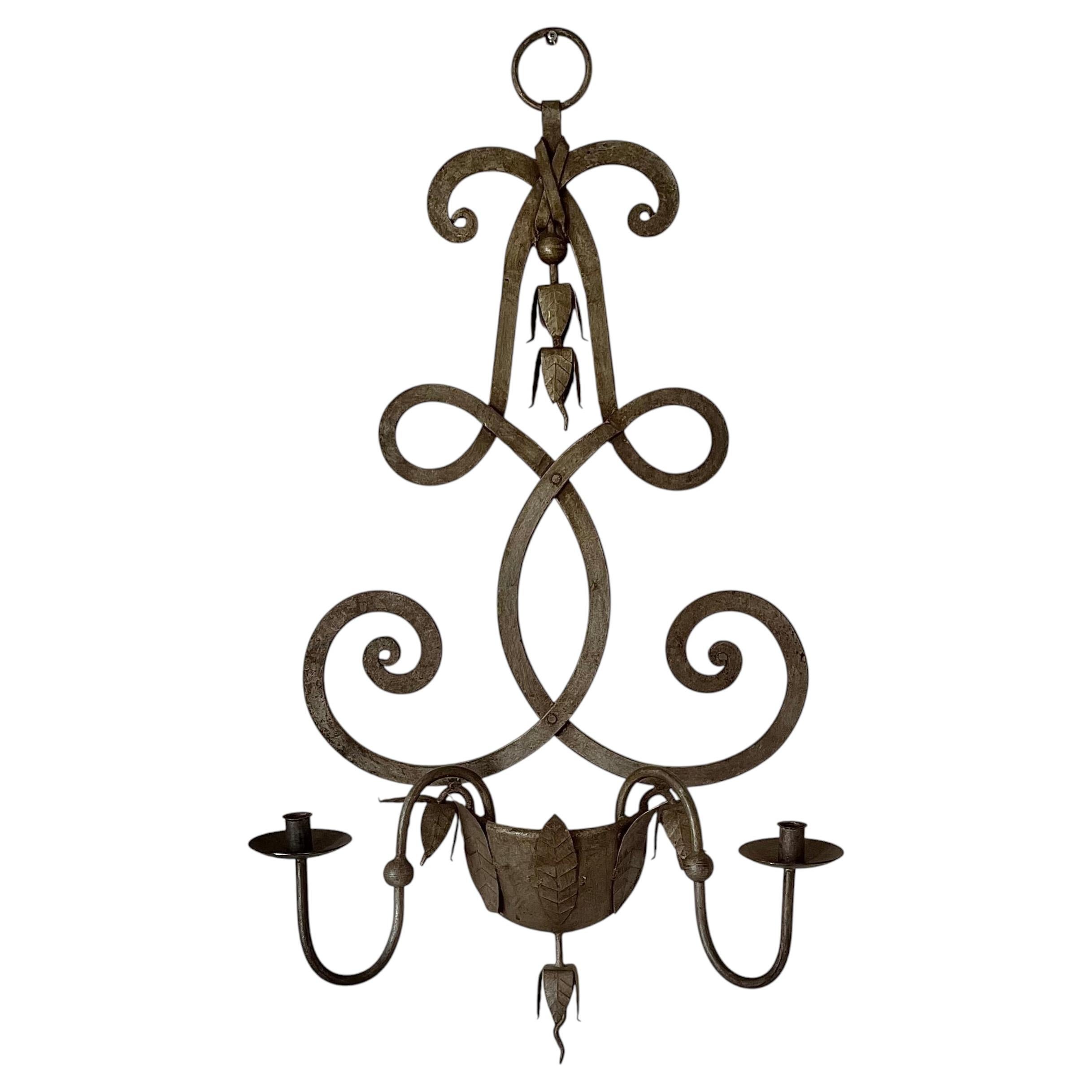 French Large Wrought Iron Candle Wall Sconce circa 1950
