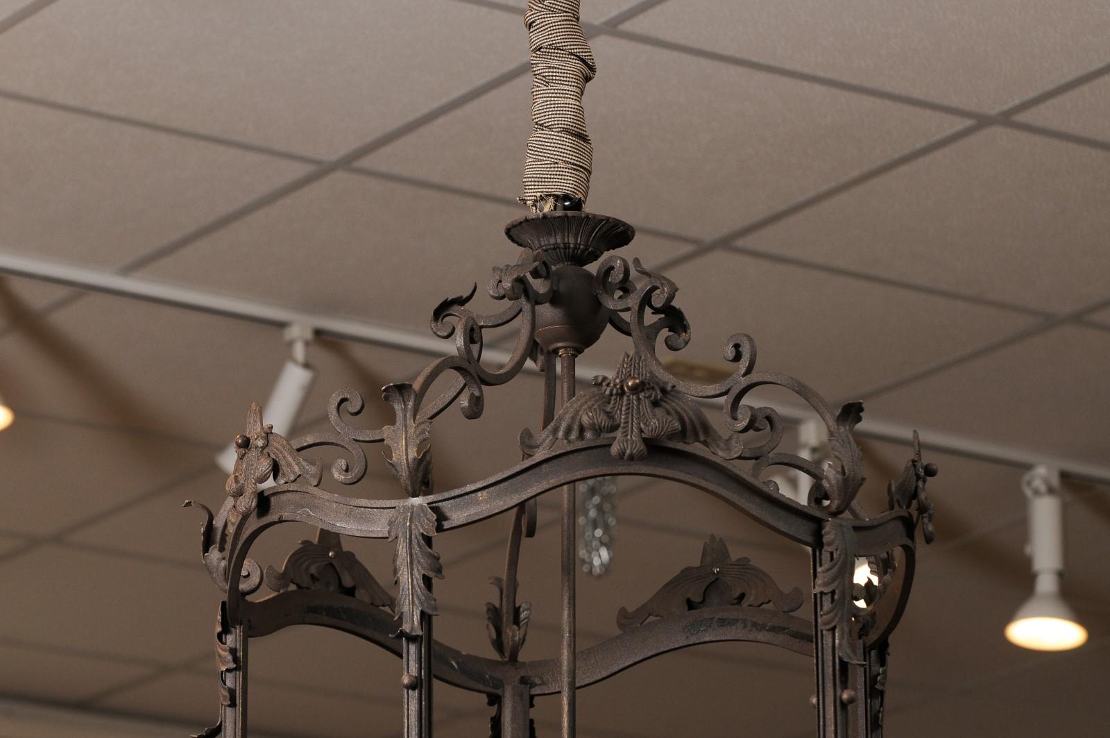 French Large Wrought Iron Lantern 5 Lites, Foliage and Fleur Delis Detail In Fair Condition For Sale In Atlanta, GA