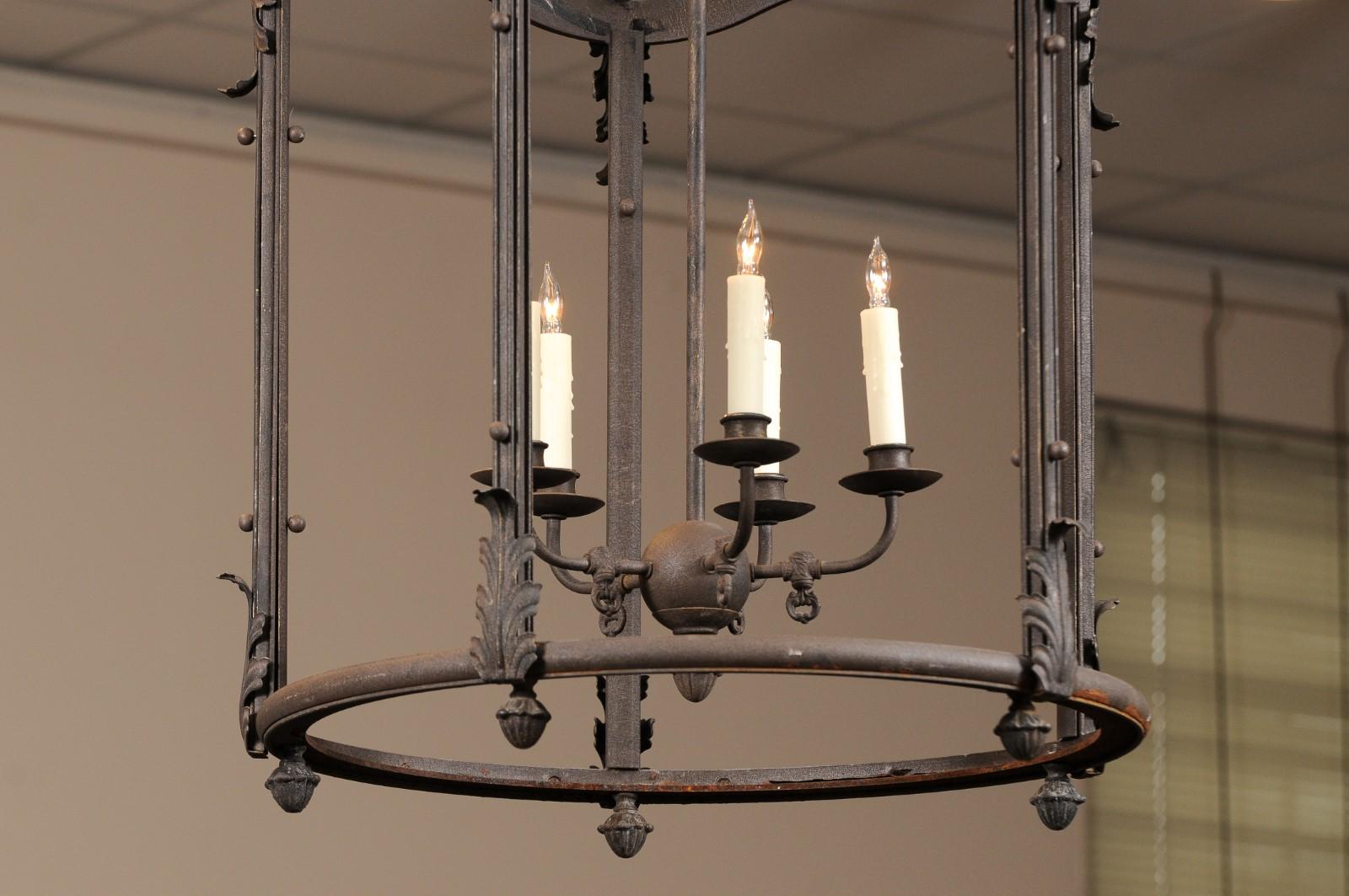 20th Century French Large Wrought Iron Lantern 5 Lites, Foliage and Fleur Delis Detail For Sale