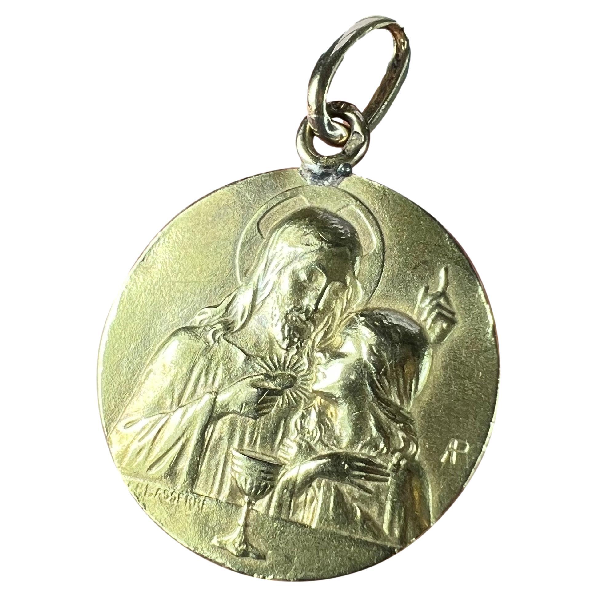 French Lasserre Jesus Christ Communion 18K Yellow Gold Medal Charm Pendant For Sale