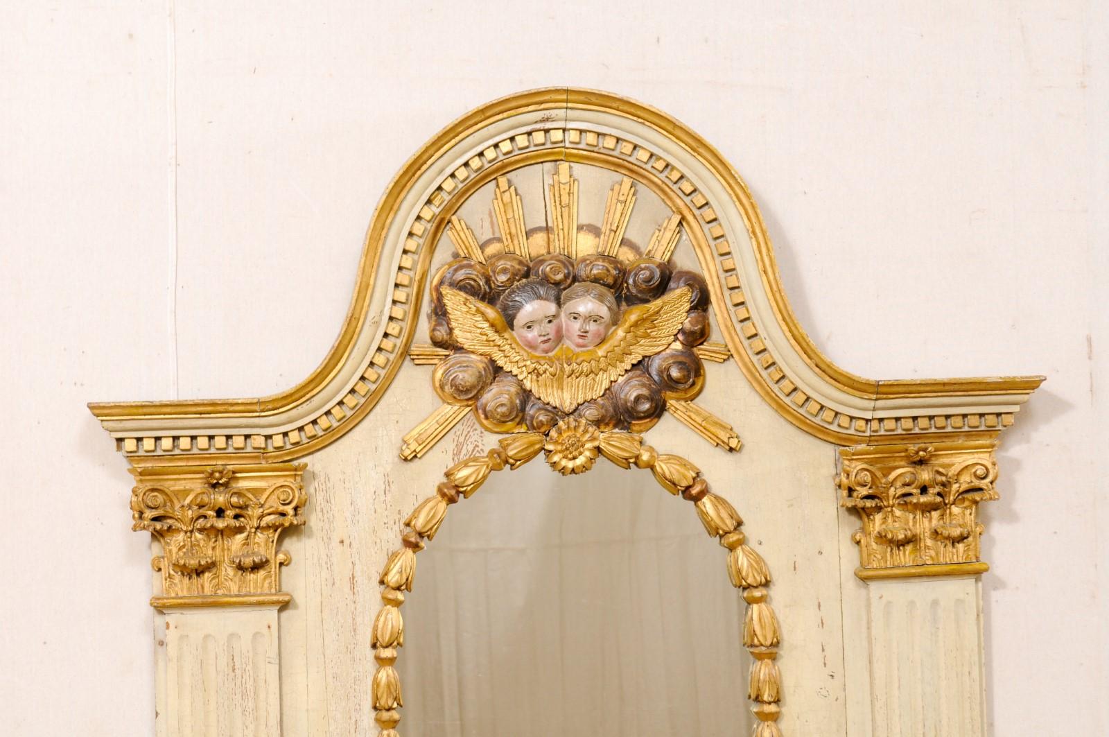 French Late 18th C. Mirror W/Pediment Top, Carved Cloudy-Ray Sunburst W/Cherubs In Good Condition For Sale In Atlanta, GA