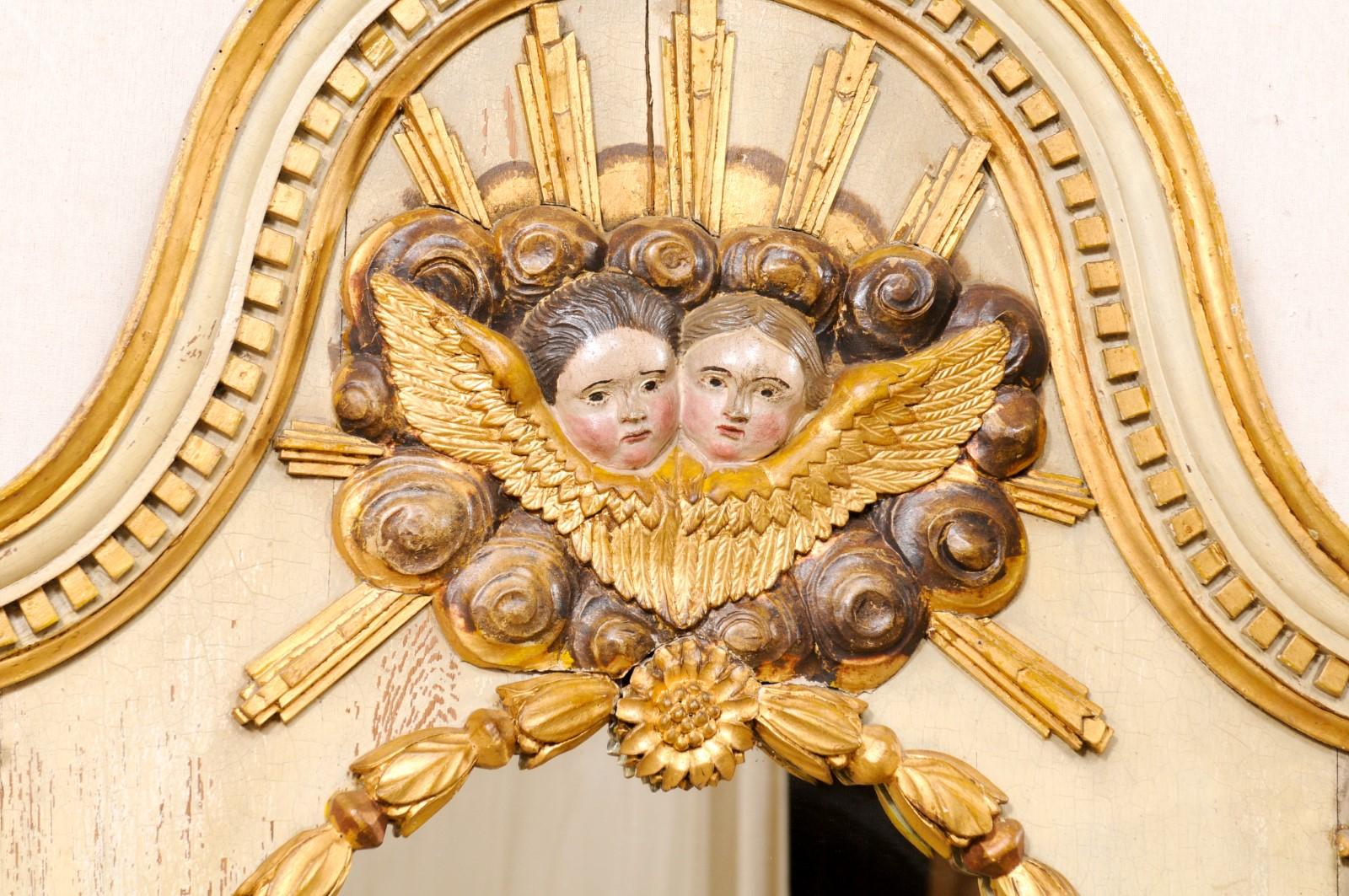 French Late 18th C. Mirror W/Pediment Top, Carved Cloudy-Ray Sunburst W/Cherubs For Sale 1