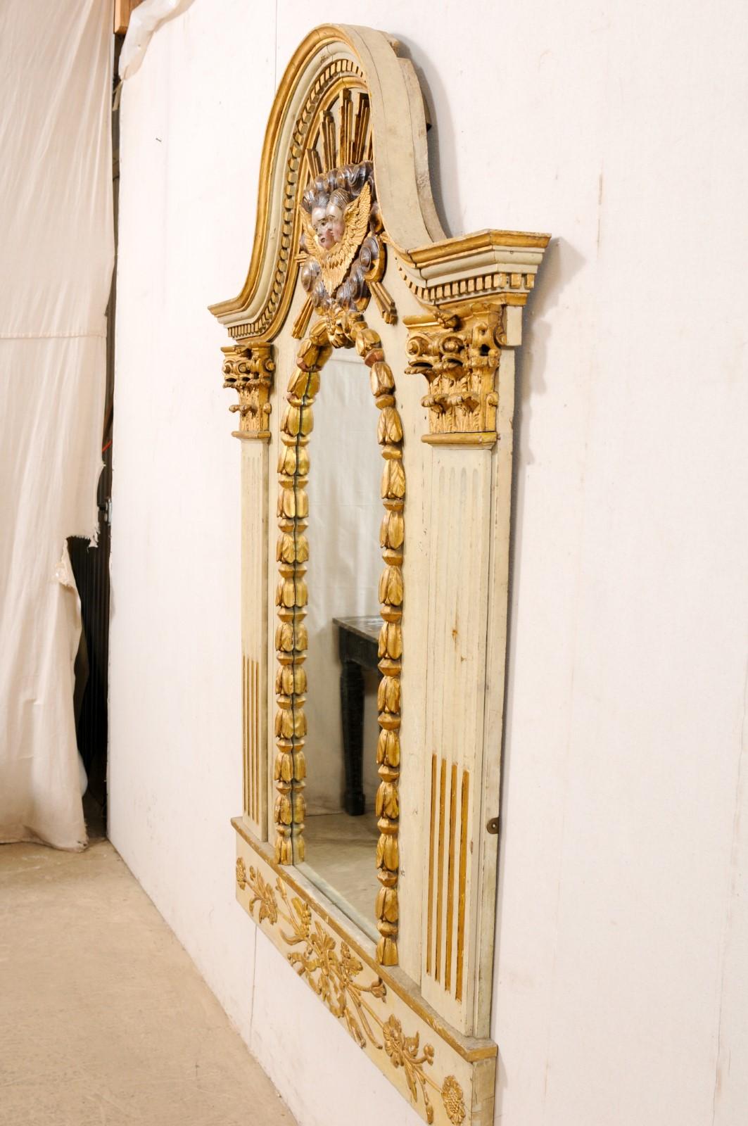 French Late 18th C. Mirror W/Pediment Top, Carved Cloudy-Ray Sunburst W/Cherubs For Sale 2