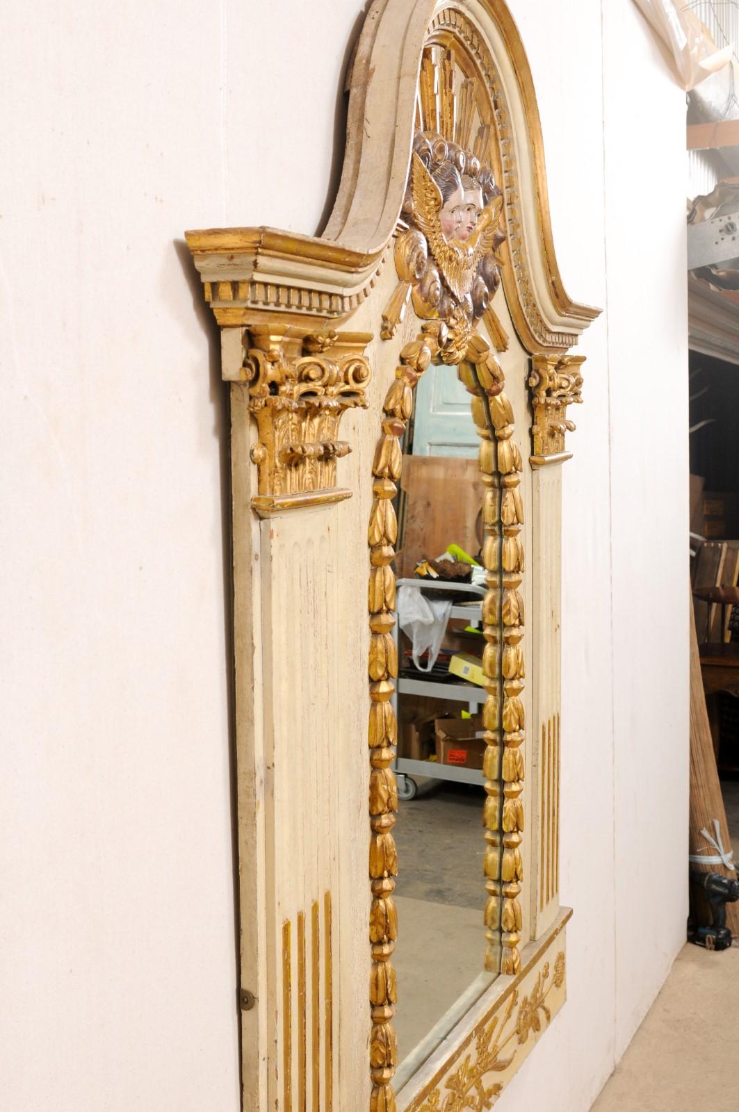 French Late 18th C. Mirror W/Pediment Top, Carved Cloudy-Ray Sunburst W/Cherubs For Sale 3