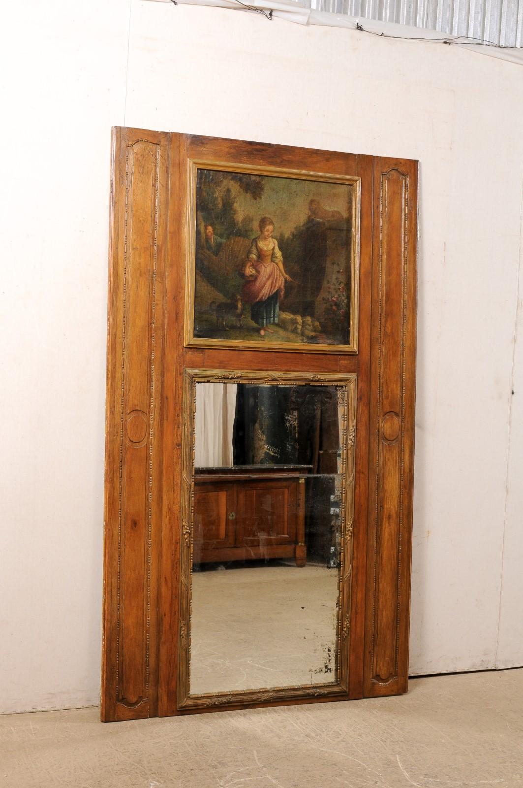 French Late 18th C. Trumeau Mirror w/Oil Canvas Painting of Maiden w/Dog & Sheep For Sale 6