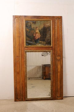 French Late 18th C. Trumeau Mirror w/Oil Canvas Painting of Maiden w/Dog & Sheep