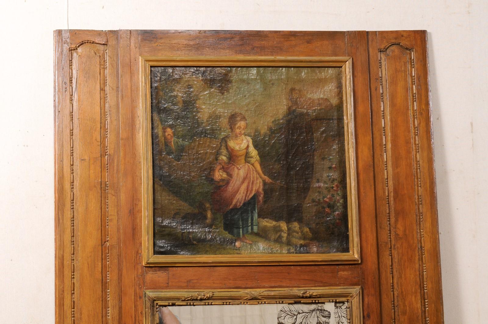 French Late 18th C. Trumeau Mirror w/Oil Canvas Painting of Maiden w/Dog & Sheep In Good Condition For Sale In Atlanta, GA