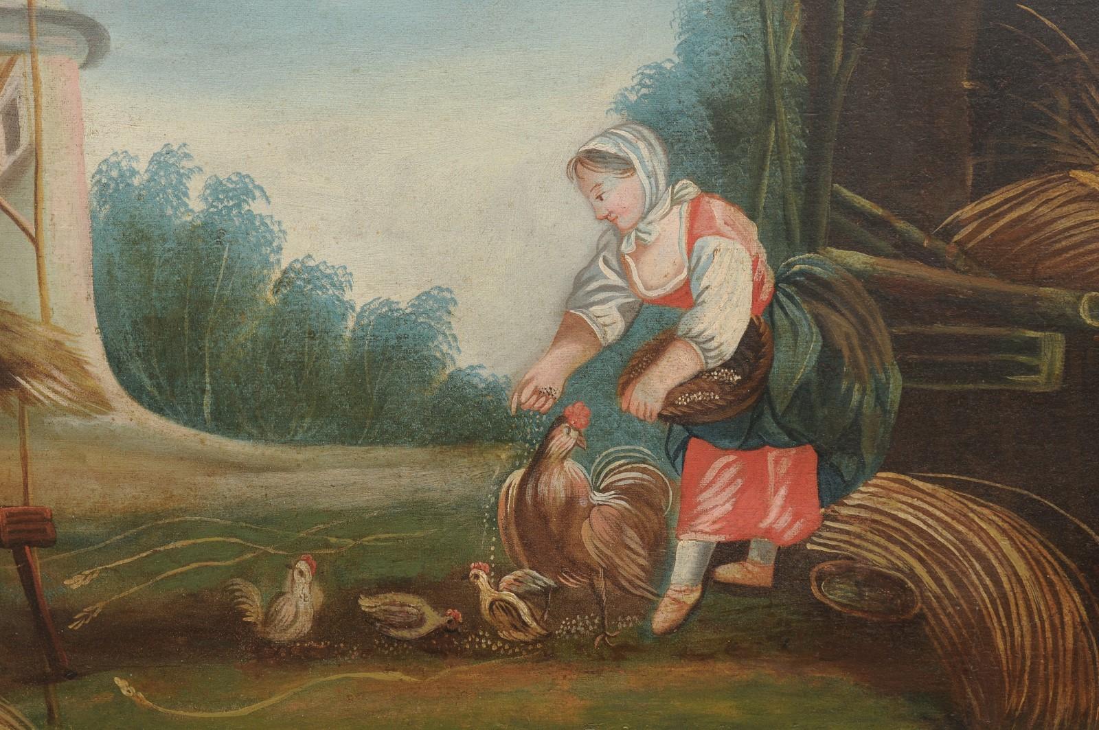 French Late 18th Century Country Scene Oil on Canvas Painting Set in Pine Frame For Sale 5