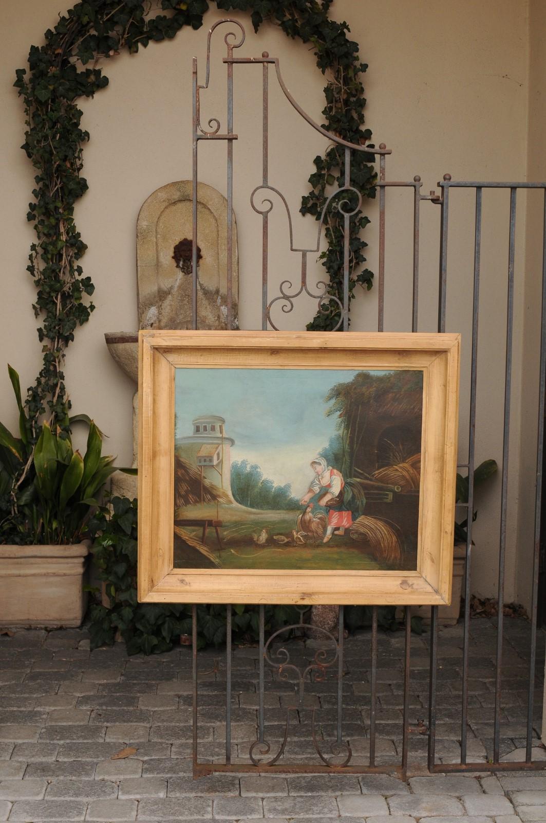 Louis XVI French Late 18th Century Country Scene Oil on Canvas Painting Set in Pine Frame For Sale