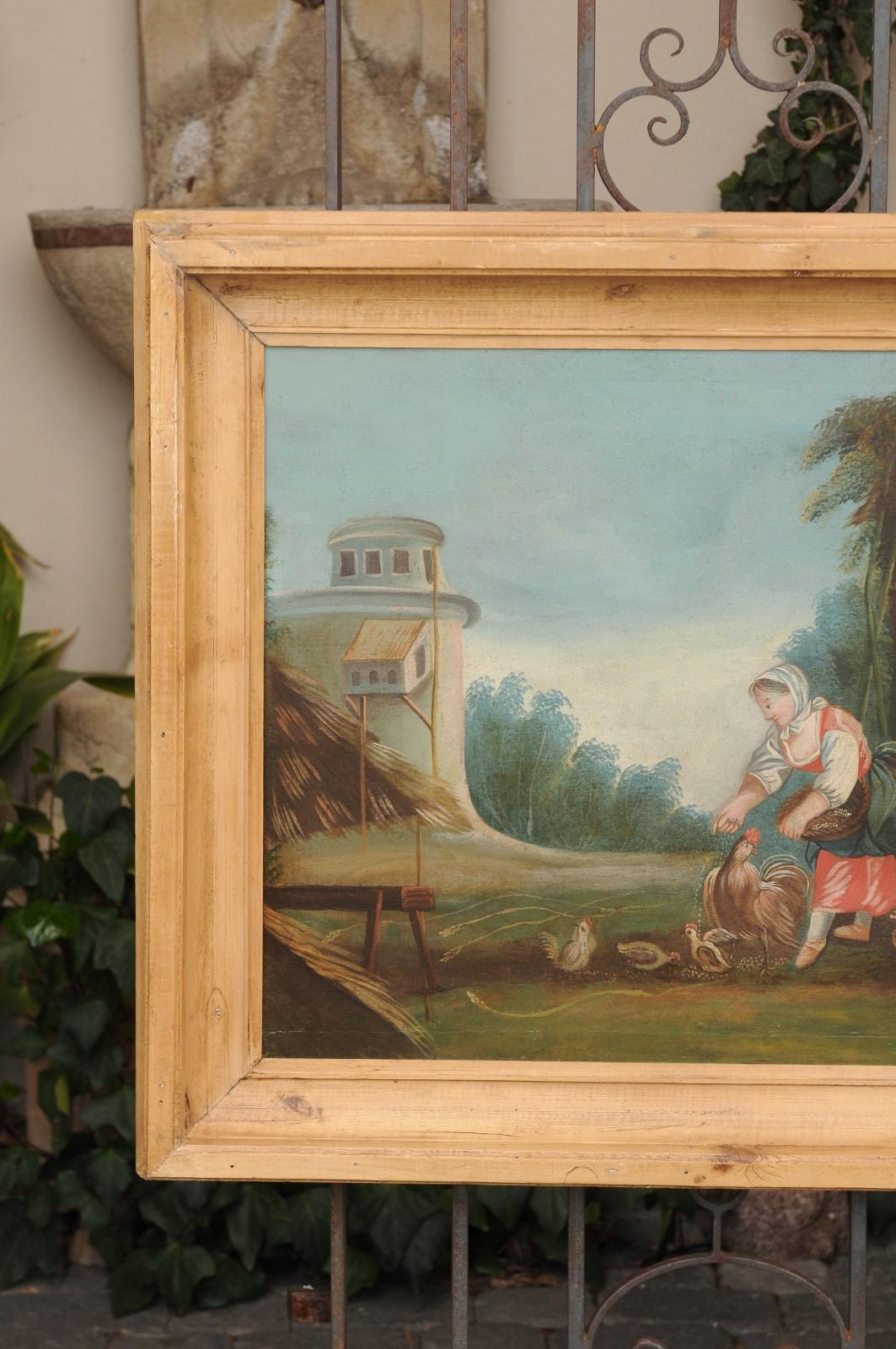 French Late 18th Century Country Scene Oil on Canvas Painting Set in Pine Frame In Good Condition For Sale In Atlanta, GA