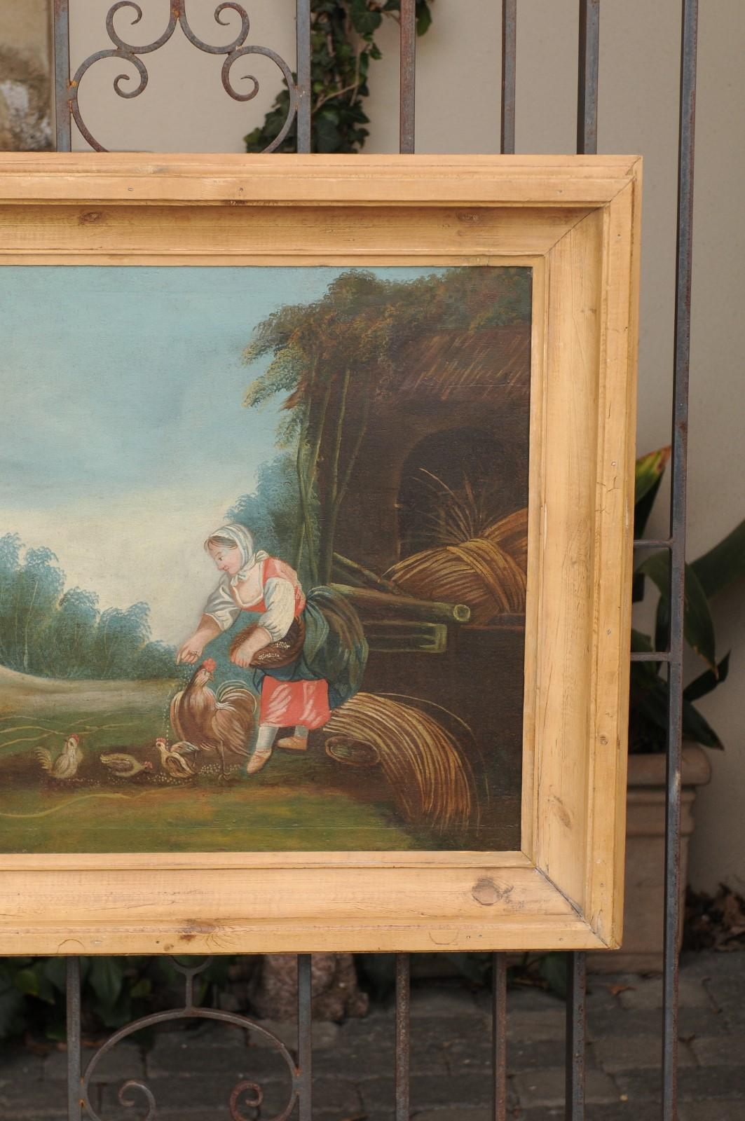 French Late 18th Century Country Scene Oil on Canvas Painting Set in Pine Frame For Sale 1