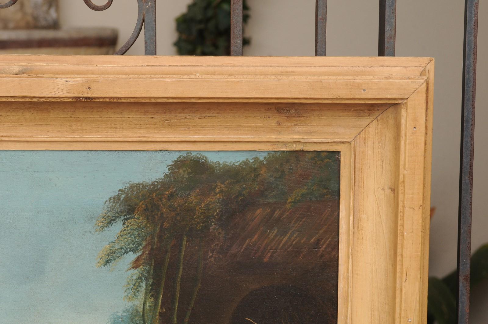 French Late 18th Century Country Scene Oil on Canvas Painting Set in Pine Frame For Sale 4