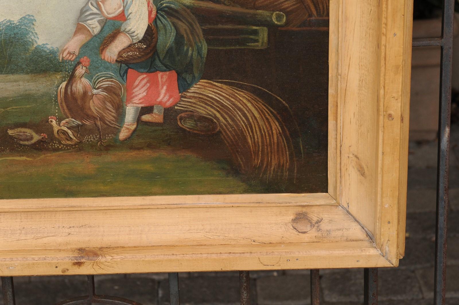 French Late 18th Century Country Scene Oil on Canvas Painting Set in Pine Frame For Sale 4