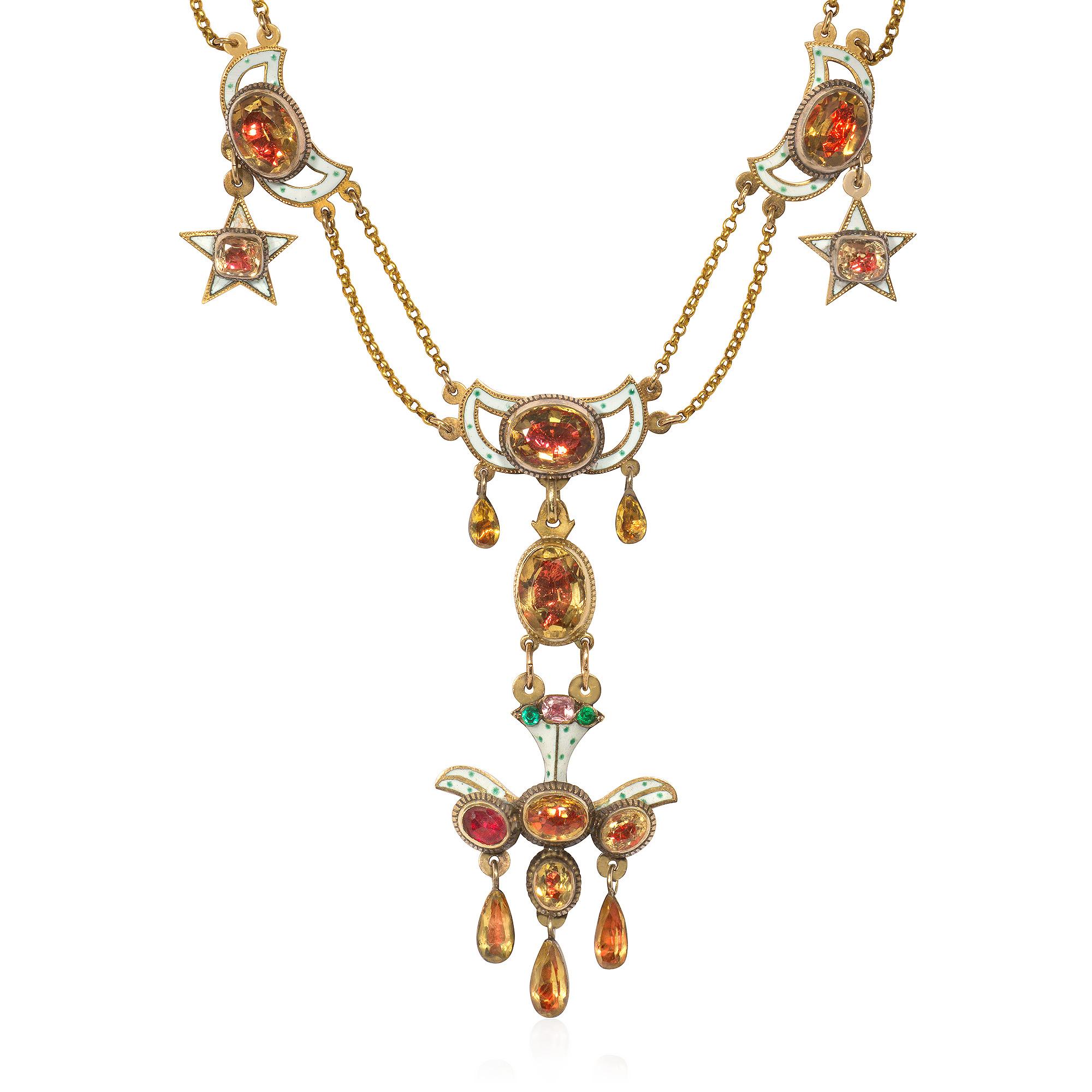 Georgian French Late 18th Century Gold, Foiled Citrine, and Enamel Festoon Necklace  For Sale