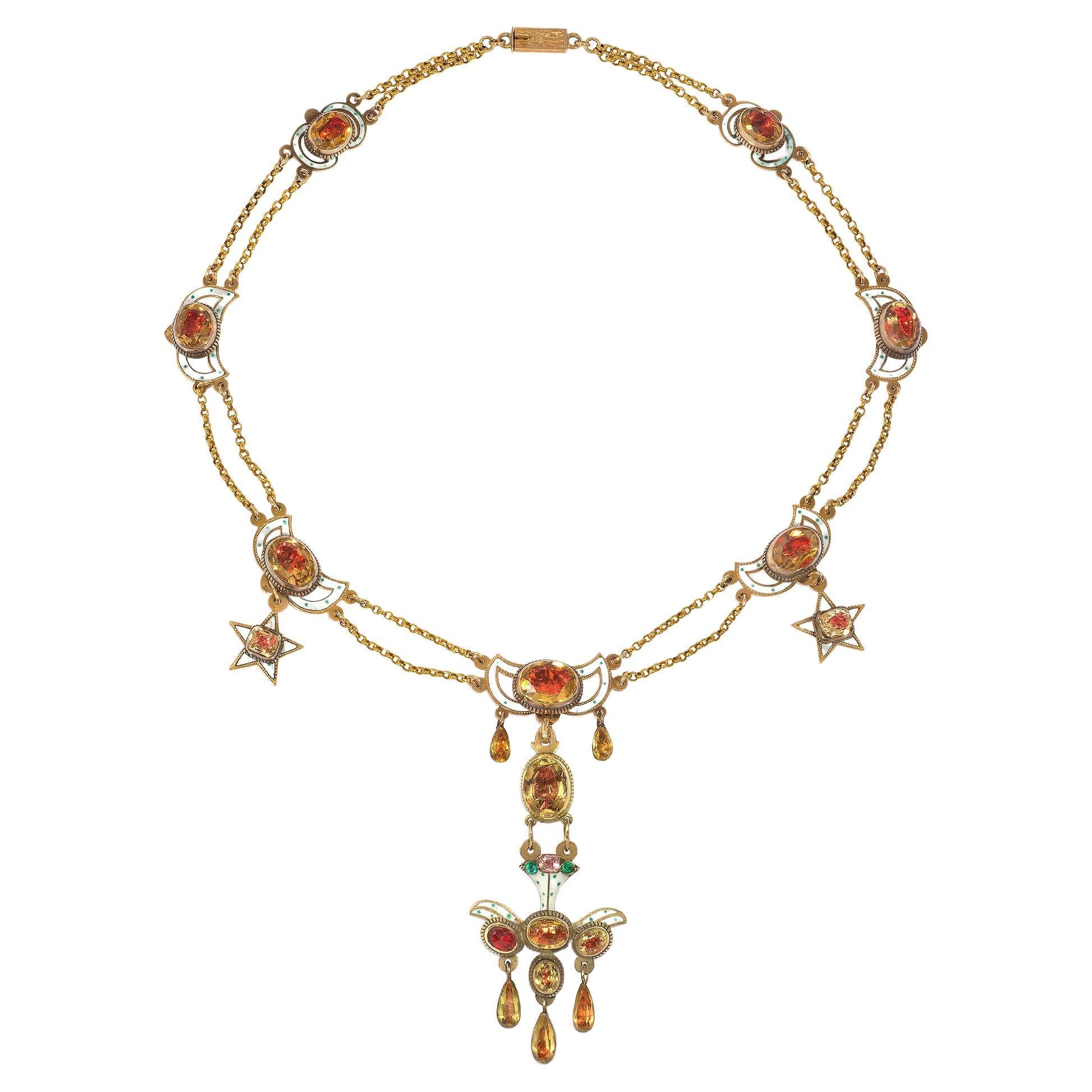 French Late 18th Century Gold, Foiled Citrine, and Enamel Festoon Necklace 