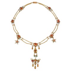 Antique French Late 18th Century Gold, Foiled Citrine, and Enamel Festoon Necklace 