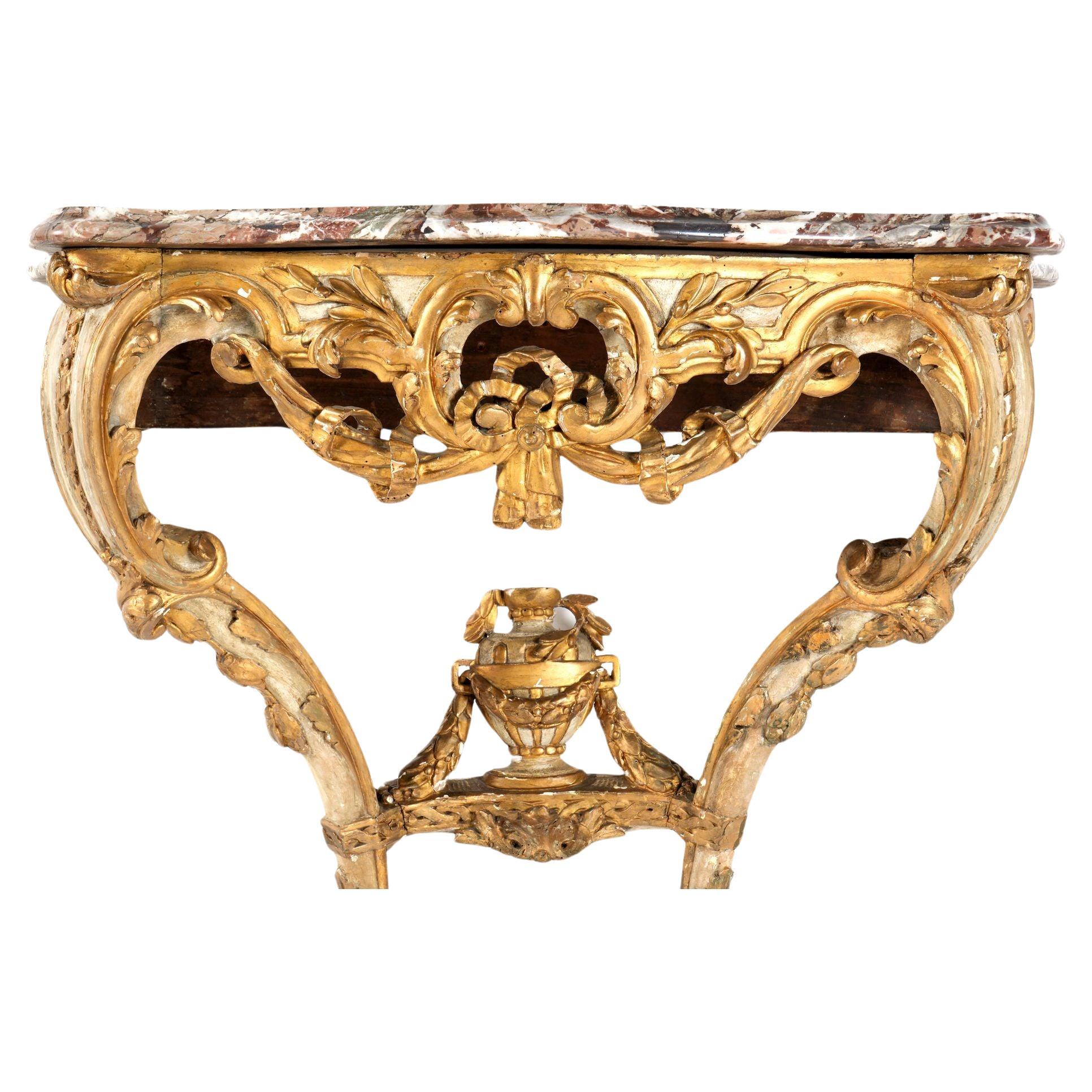 Console de la fin du XVIIIe siècle de style Louis XV en bois doré avec dessus en marbre