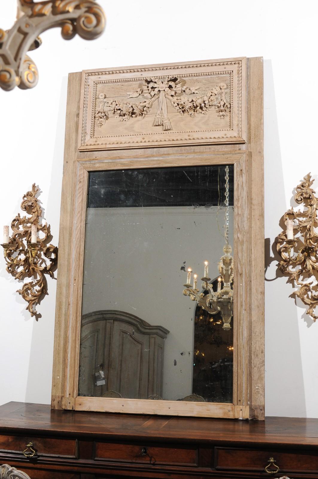 French Late 18th Century Louis XVI Trumeau Mirror with Carved Bow and Flowers 5