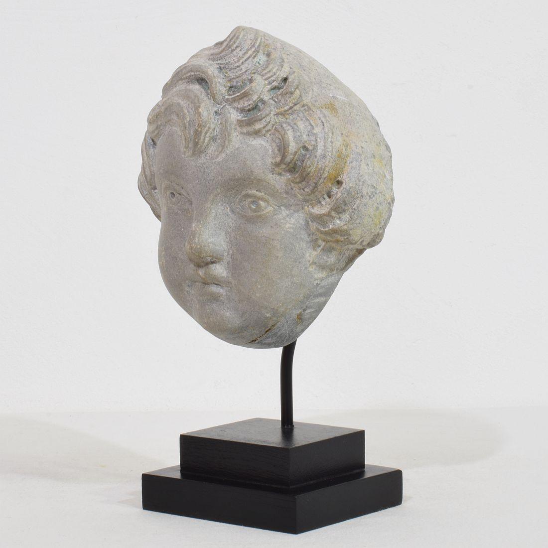 Hand-Carved French Late 18th Century Neoclassical Grey Marble Angel Head For Sale