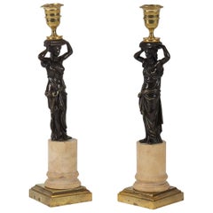 French Late 18th Century, Rare Pair of Small Patinated and Gilded Candlesticks