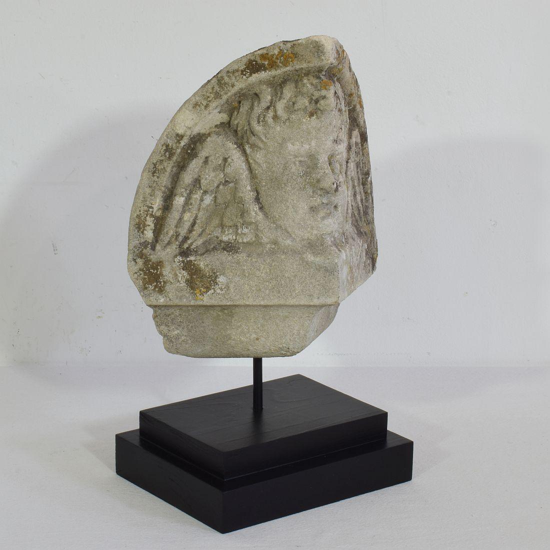 Hand-Carved French Late 18th/ Early 19th Century Carved Stone Winged Angel Head