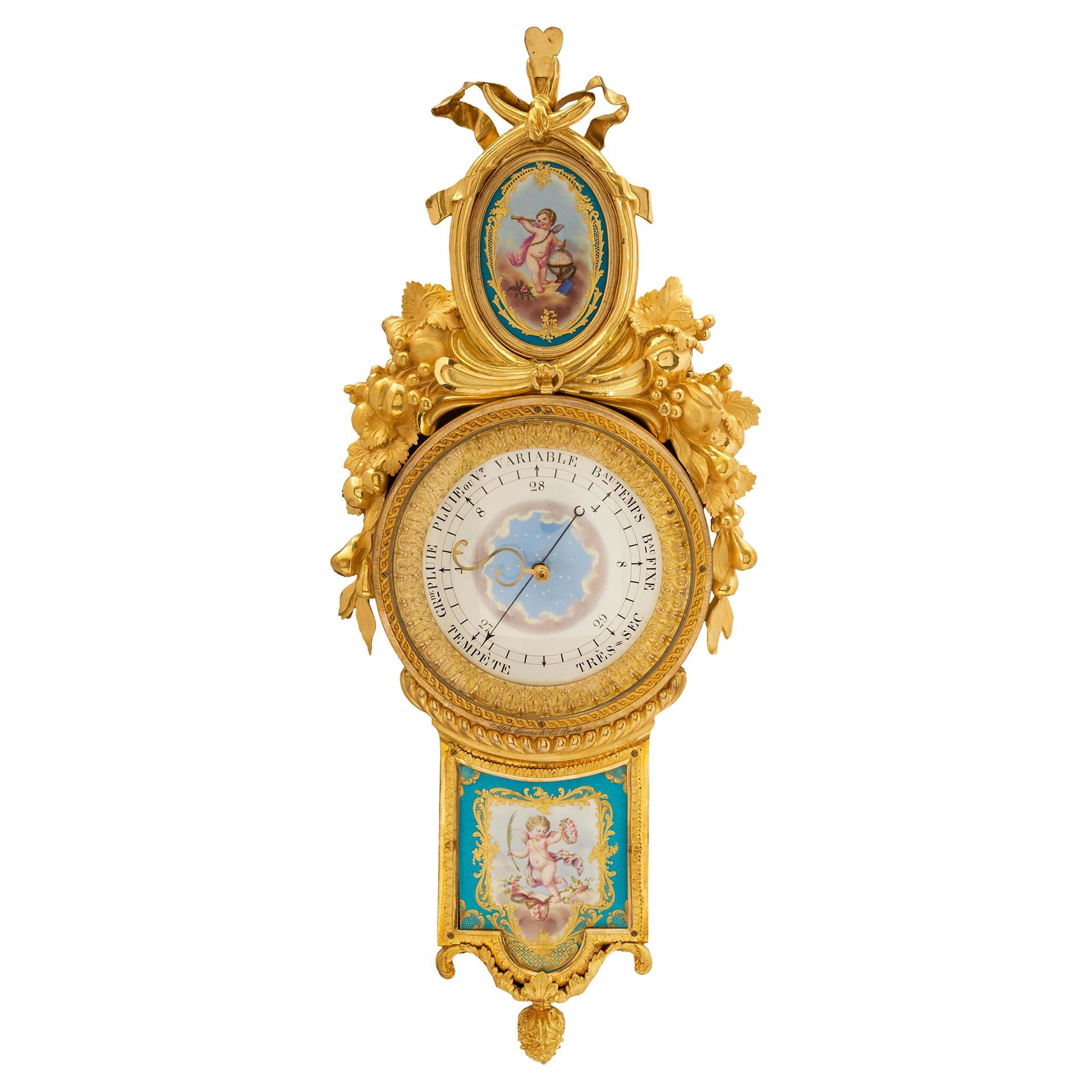 Französisches Barometer aus Goldbronze und Sèvres-Porzellan des späten 18. Jahrhunderts, signiert Giroux