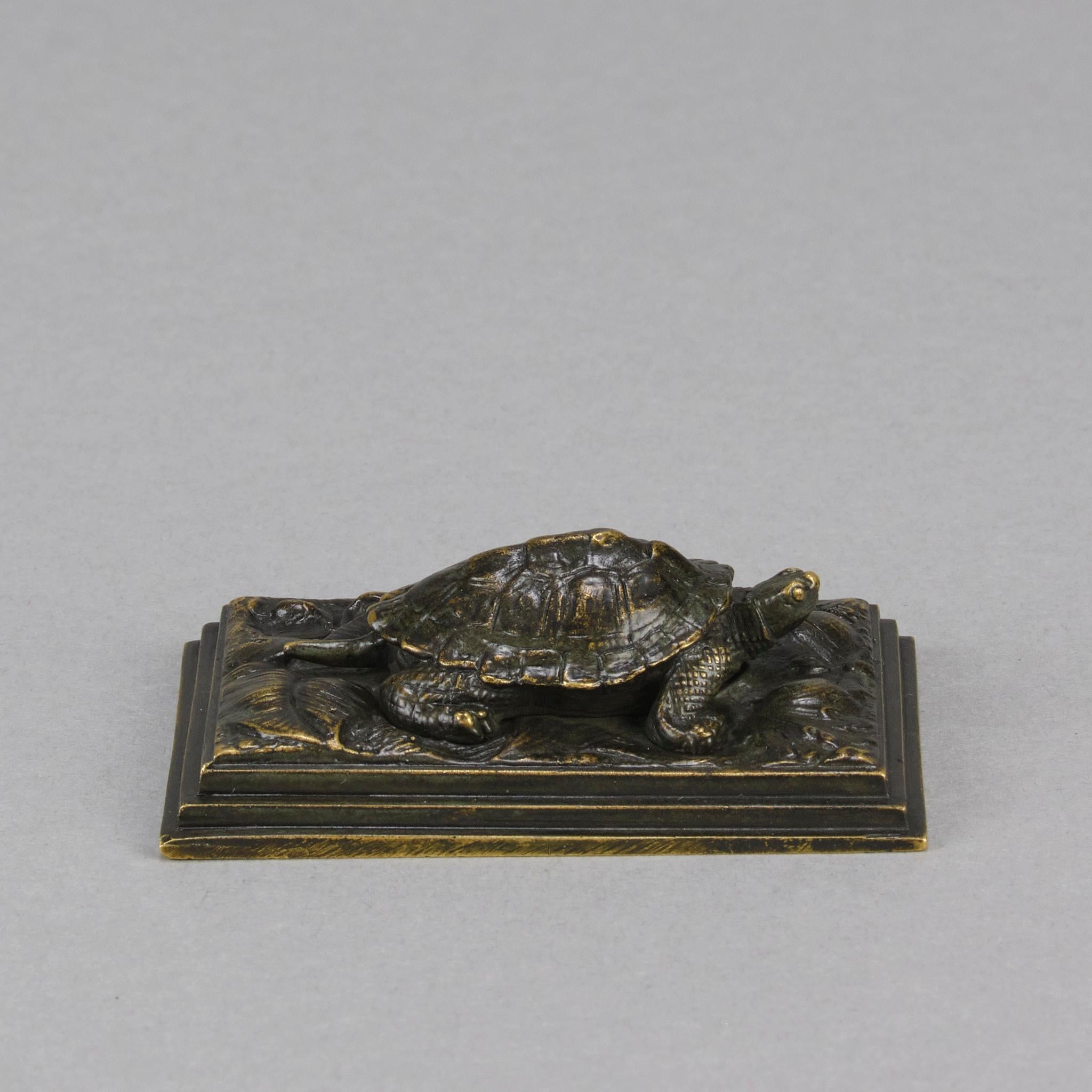 Une charmante figure de tortue en bronze français du milieu du 19e siècle, avec une excellente surface ciselée à la main et une très belle patine brune riche, frottée à une teinte dorée par endroits, reposant sur une base à gradins et signée