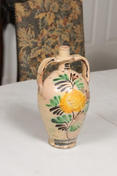 French Late 19th Century Beige Pottery Jug with Yellow Flower and Green Leaves