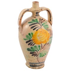French Late 19th Century Beige Pottery Jug with Yellow Flower and Green Leaves