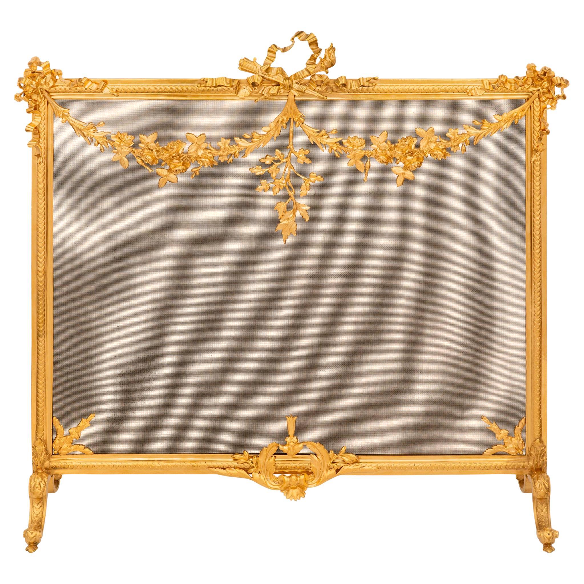 French late 19th century Belle Epoque Period Louis XVI st. Ormolu fire screen