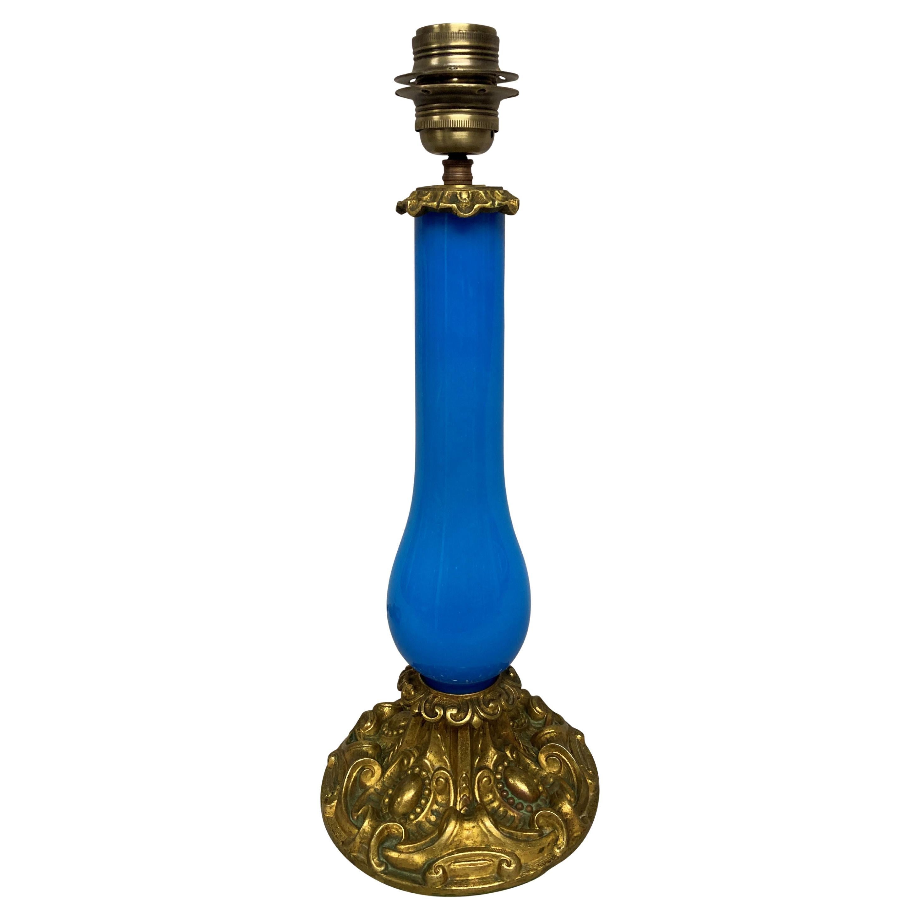 French, Late 19th Century, Blue Glass Lamp For Sale