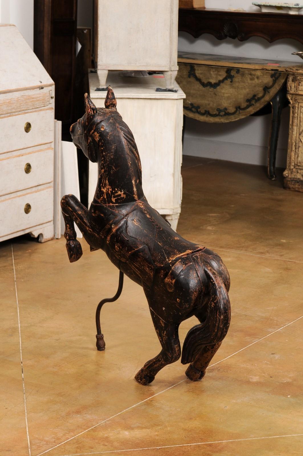 French Late 19th Century Carved Carousel Prancing Horse Sculpture with Patina For Sale 7