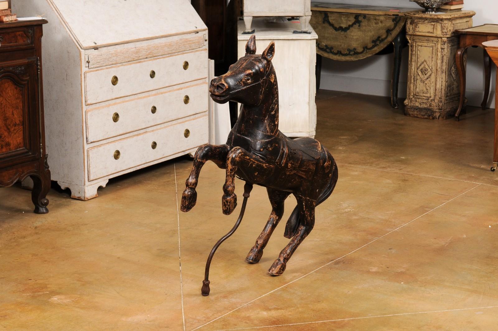French Late 19th Century Carved Carousel Prancing Horse Sculpture with Patina For Sale 8