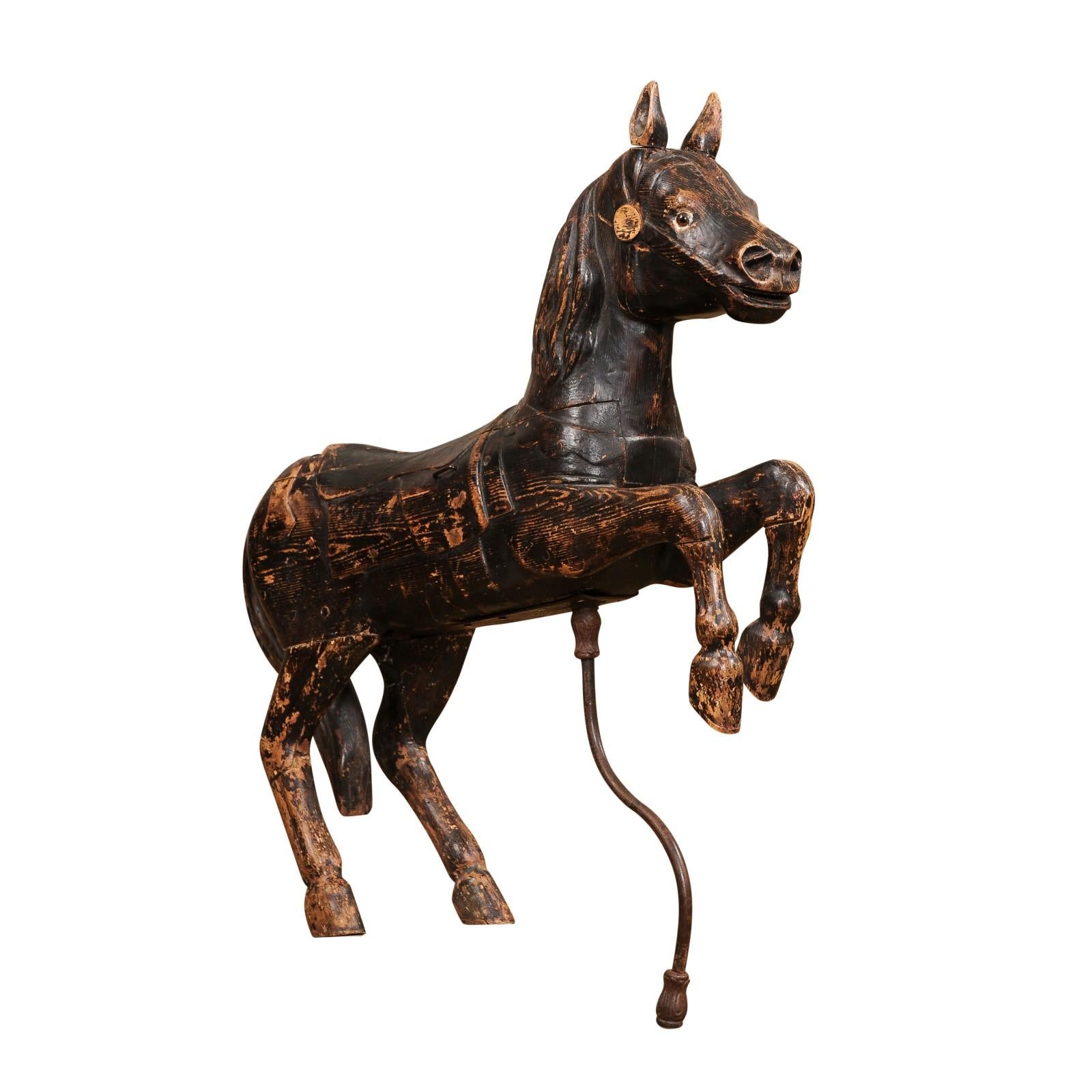 French Late 19th Century Carved Carousel Prancing Horse Sculpture with Patina In Good Condition For Sale In Atlanta, GA