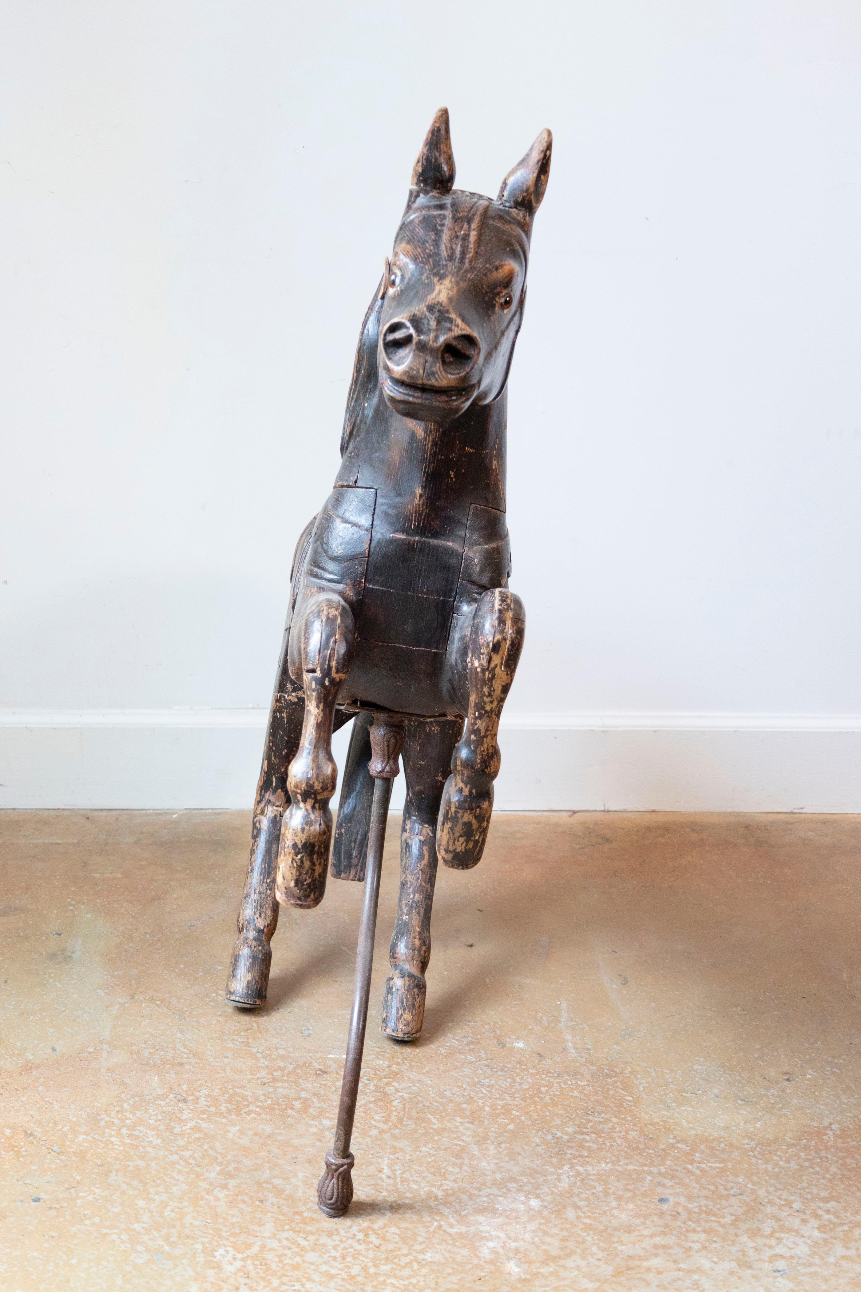 French Late 19th Century Carved Carousel Prancing Horse Sculpture with Patina In Good Condition For Sale In Atlanta, GA