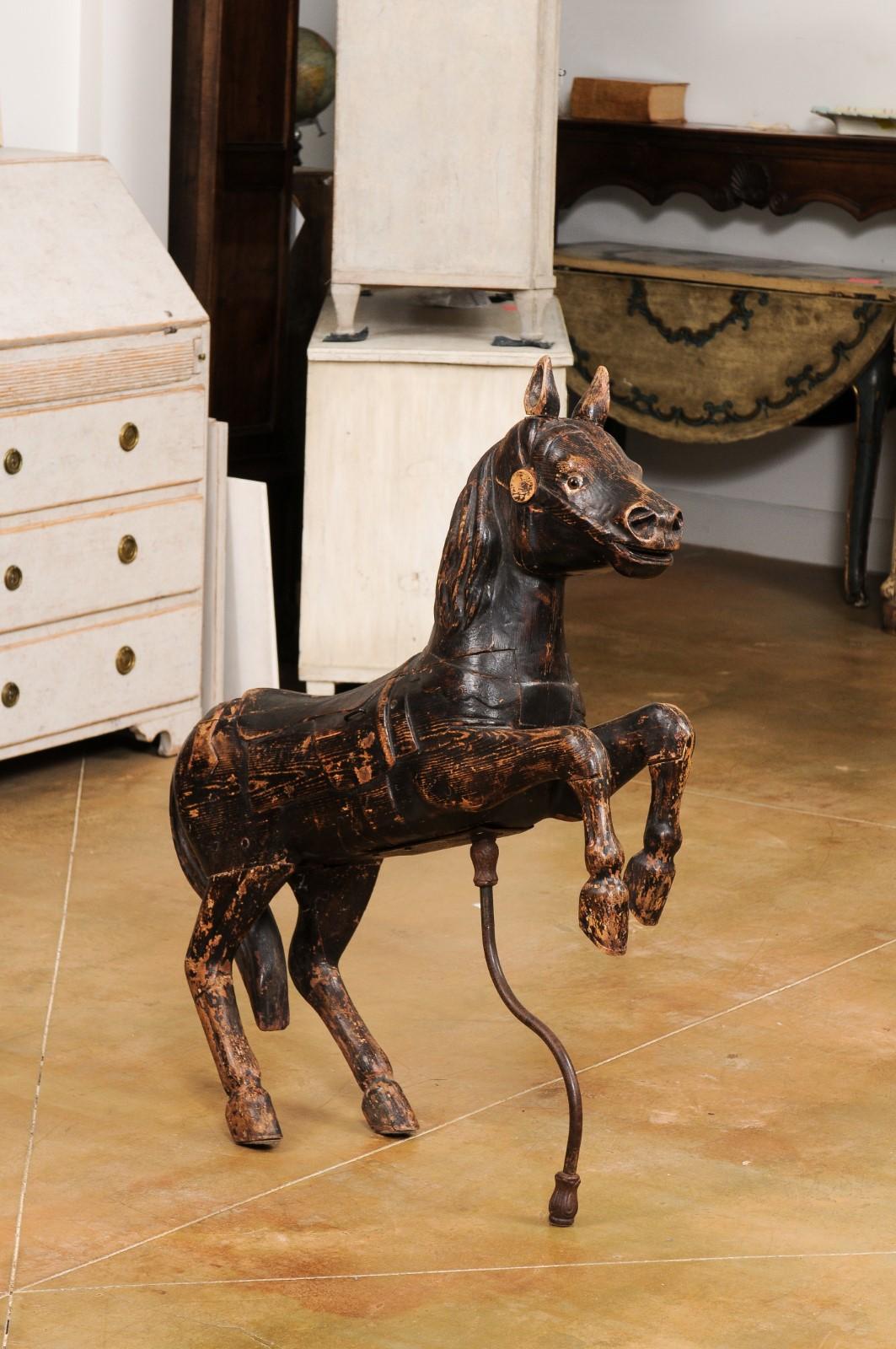 Wood French Late 19th Century Carved Carousel Prancing Horse Sculpture with Patina For Sale