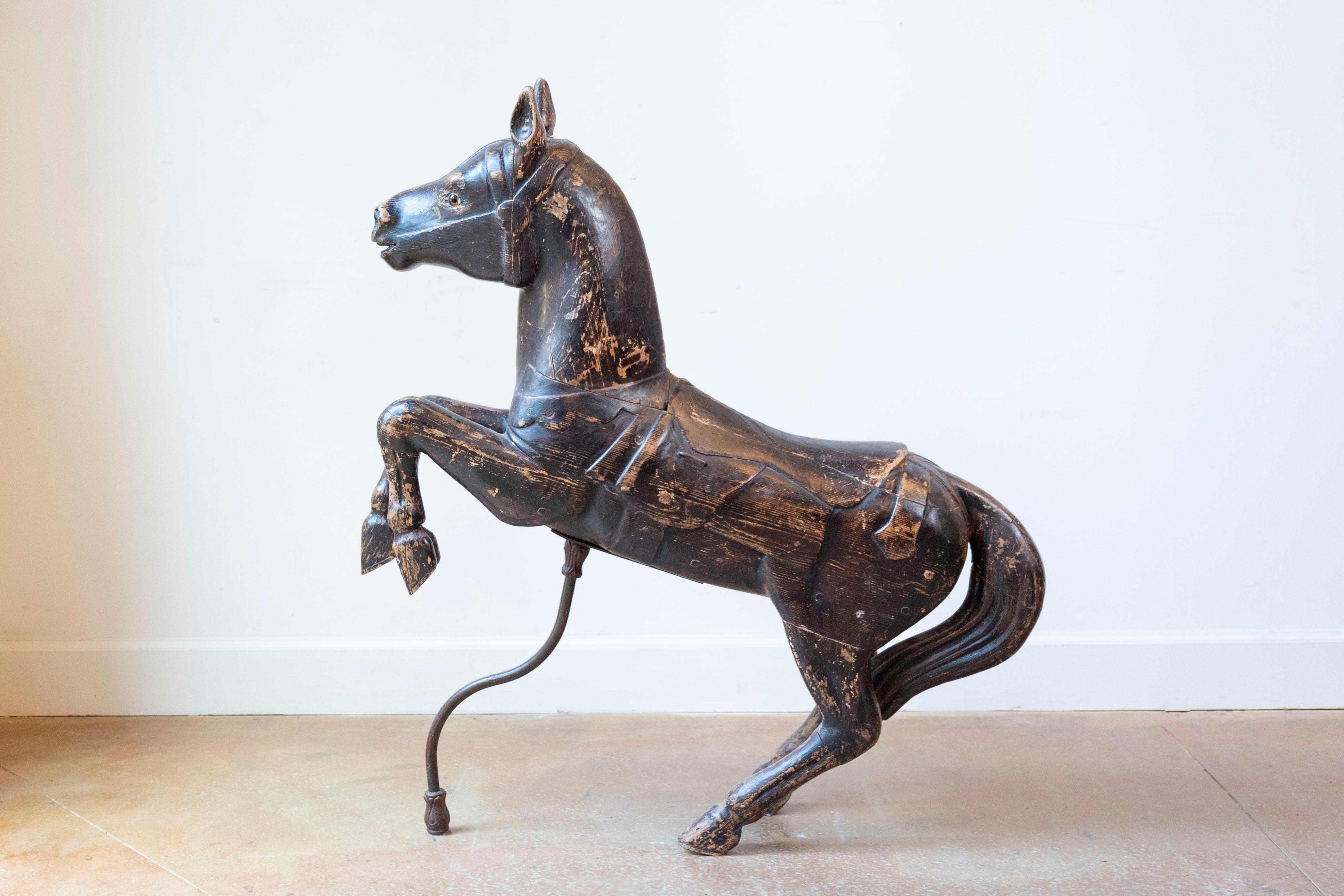 Wood French Late 19th Century Carved Carousel Prancing Horse Sculpture with Patina For Sale