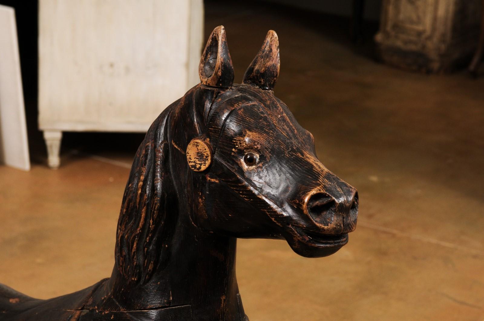 French Late 19th Century Carved Carousel Prancing Horse Sculpture with Patina For Sale 1