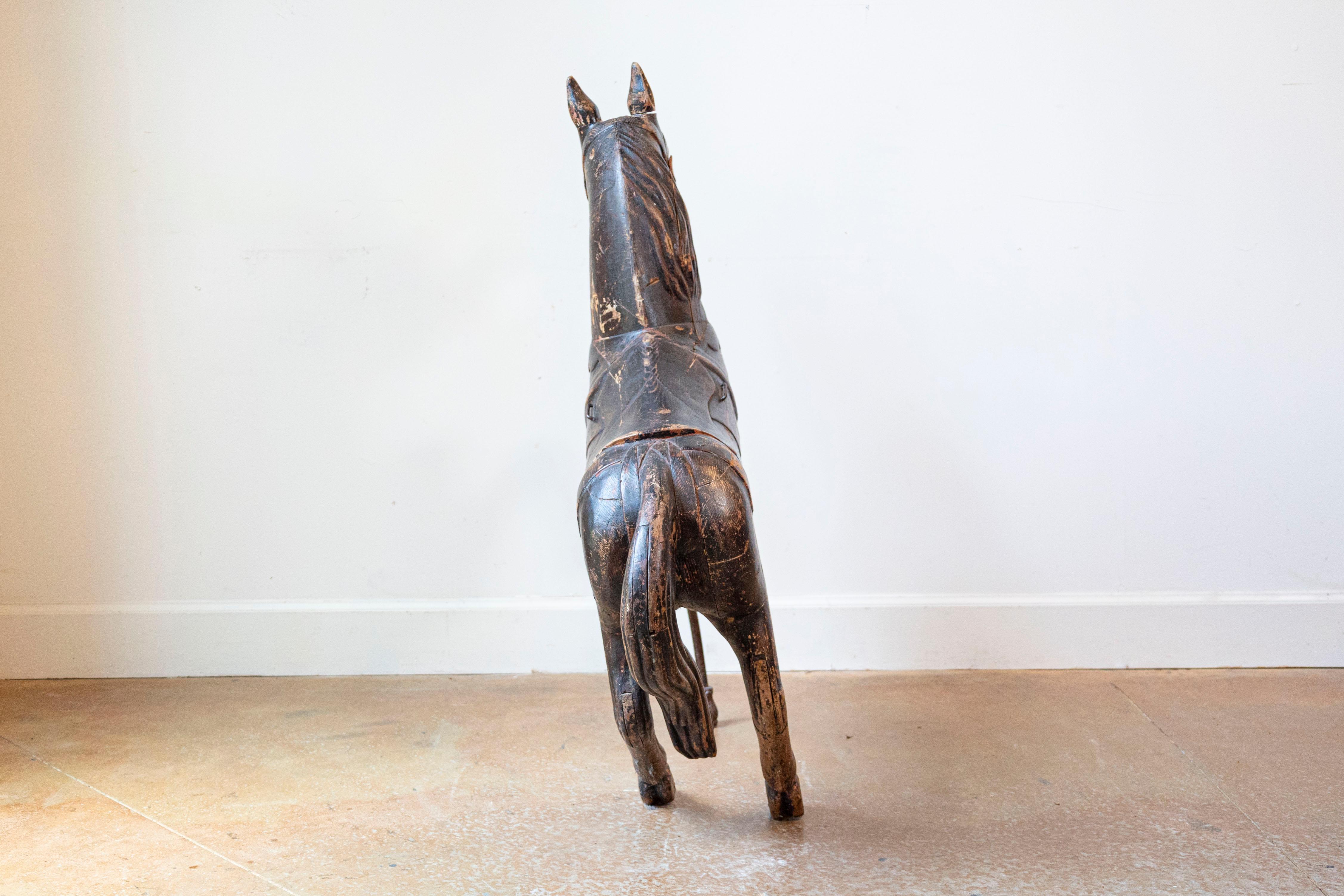 French Late 19th Century Carved Carousel Prancing Horse Sculpture with Patina For Sale 1