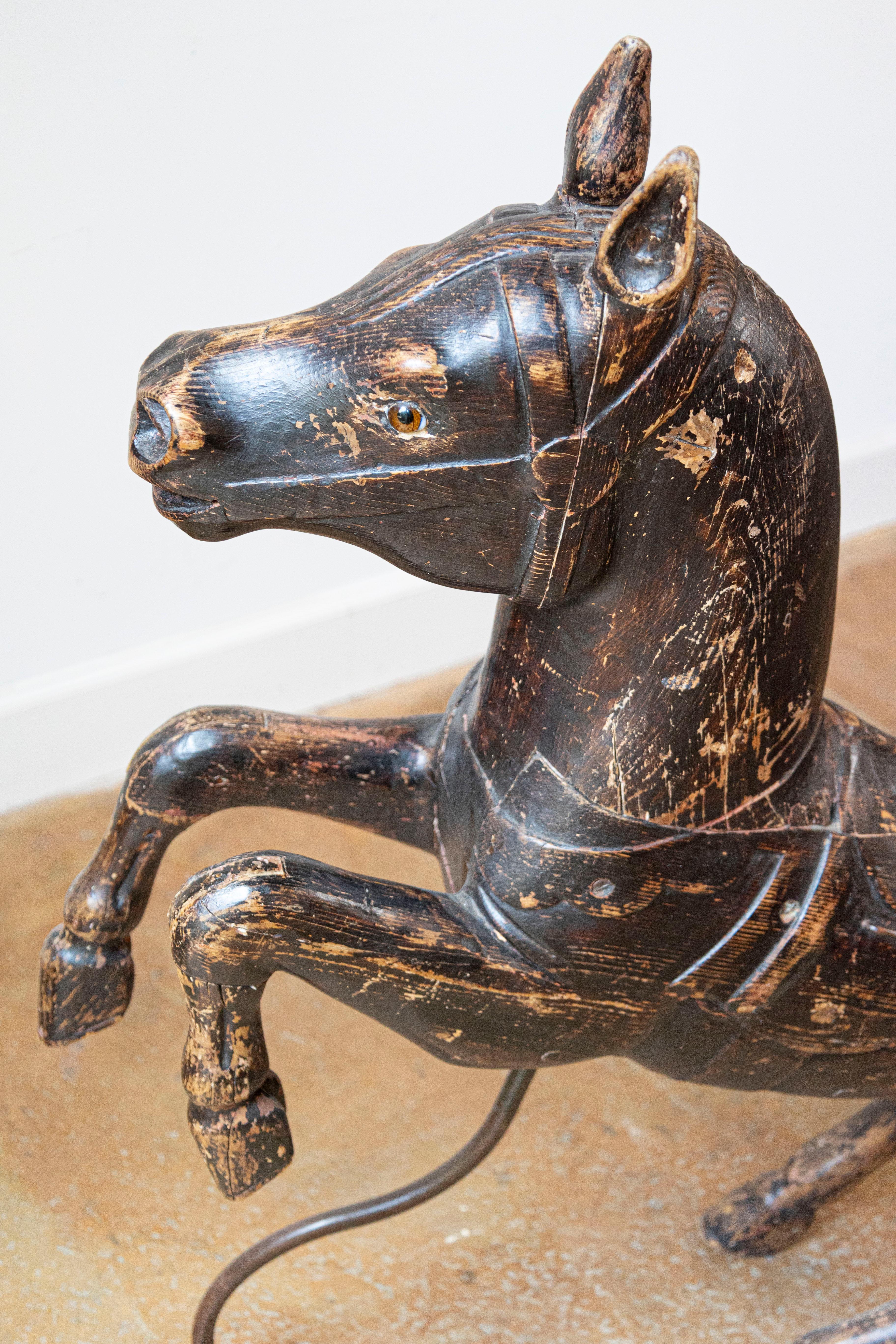 French Late 19th Century Carved Carousel Prancing Horse Sculpture with Patina For Sale 2