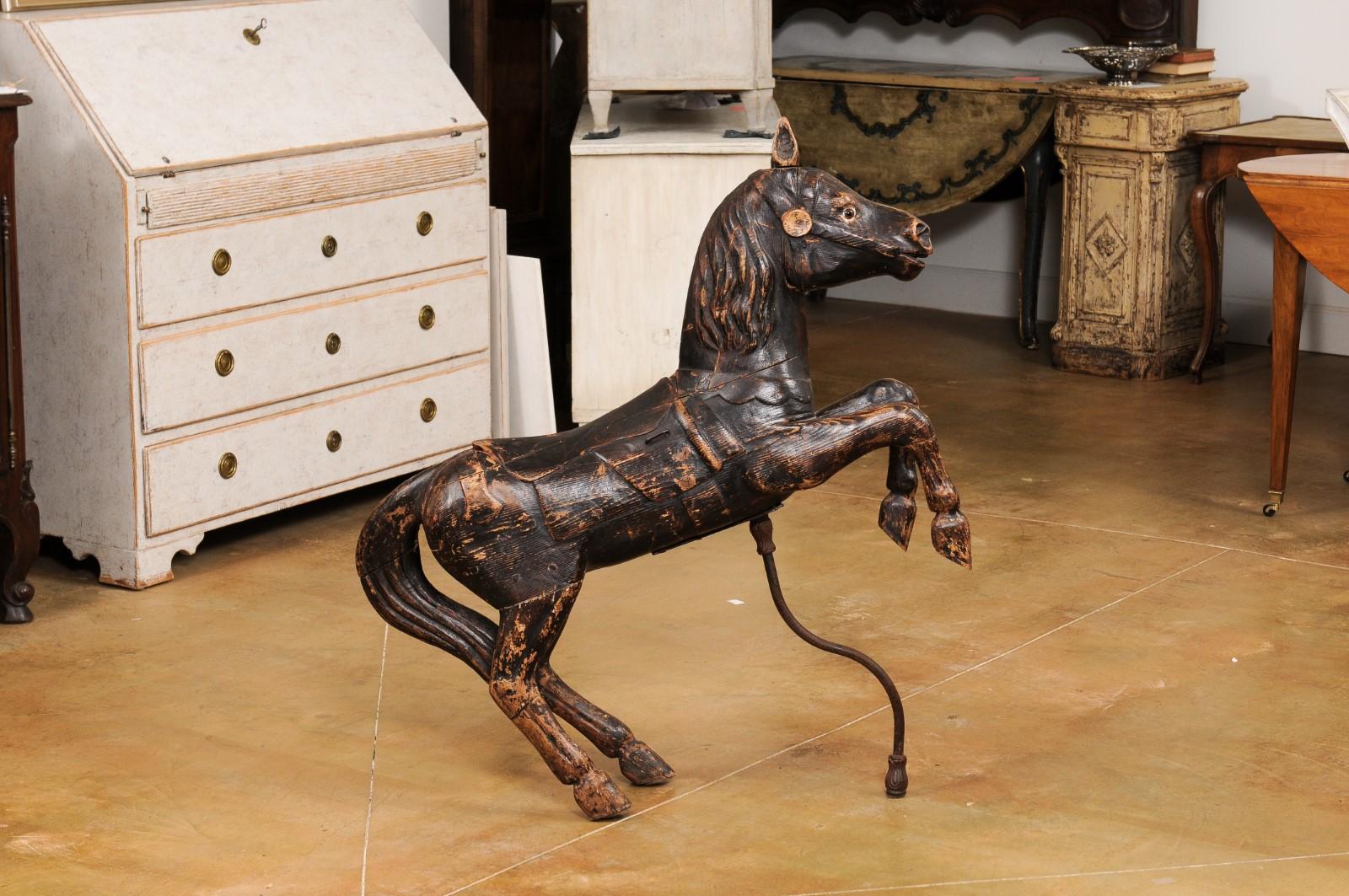French Late 19th Century Carved Carousel Prancing Horse Sculpture with Patina For Sale 4