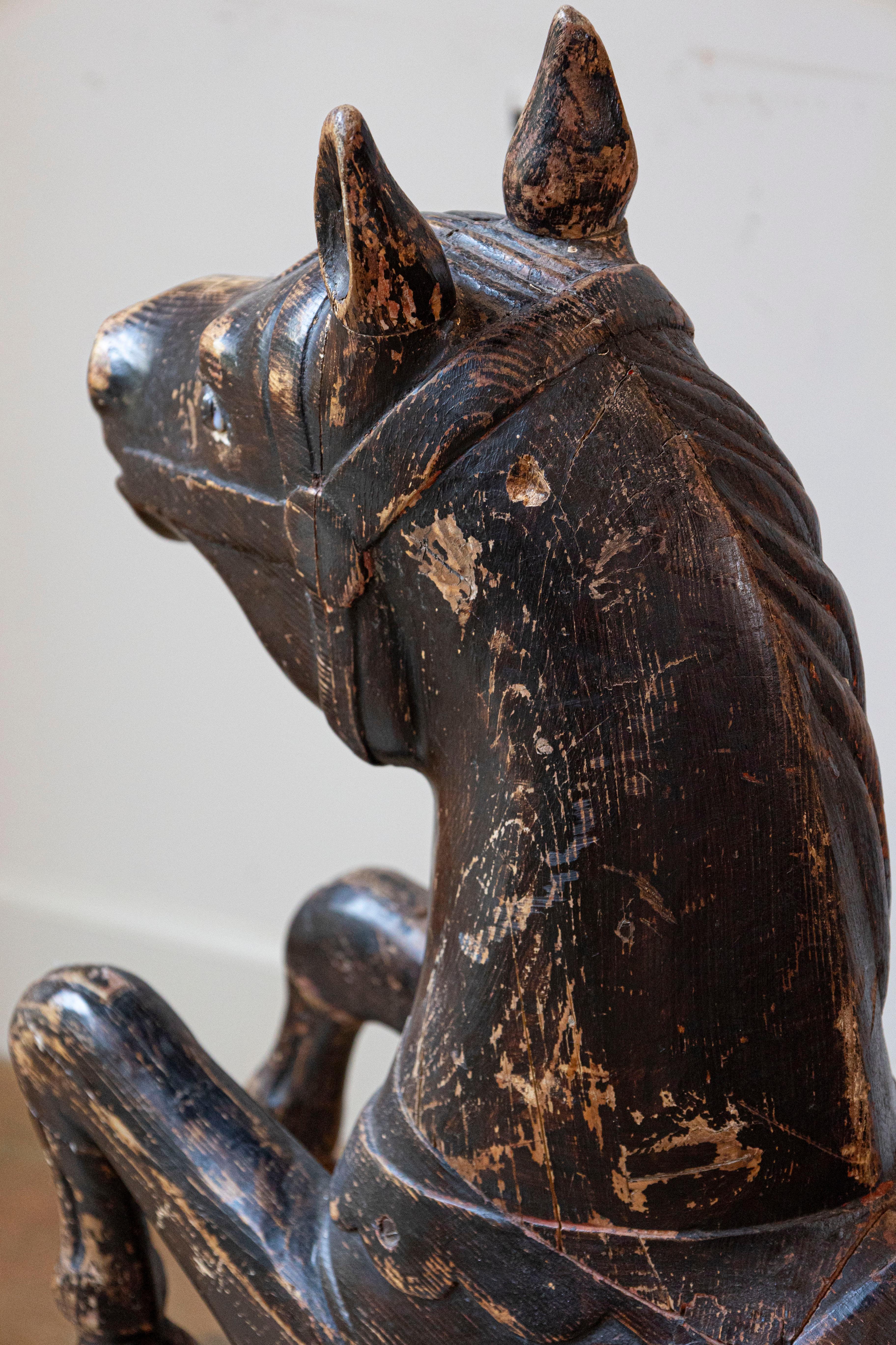 French Late 19th Century Carved Carousel Prancing Horse Sculpture with Patina For Sale 4