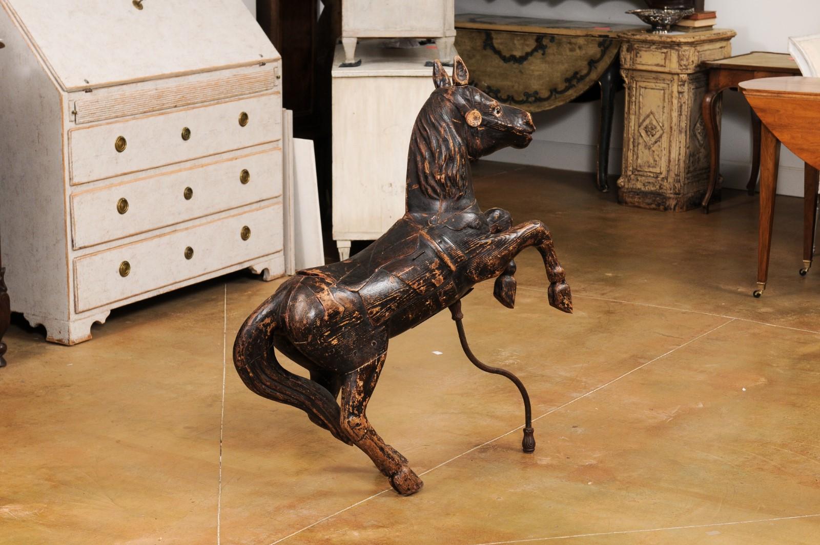French Late 19th Century Carved Carousel Prancing Horse Sculpture with Patina For Sale 5