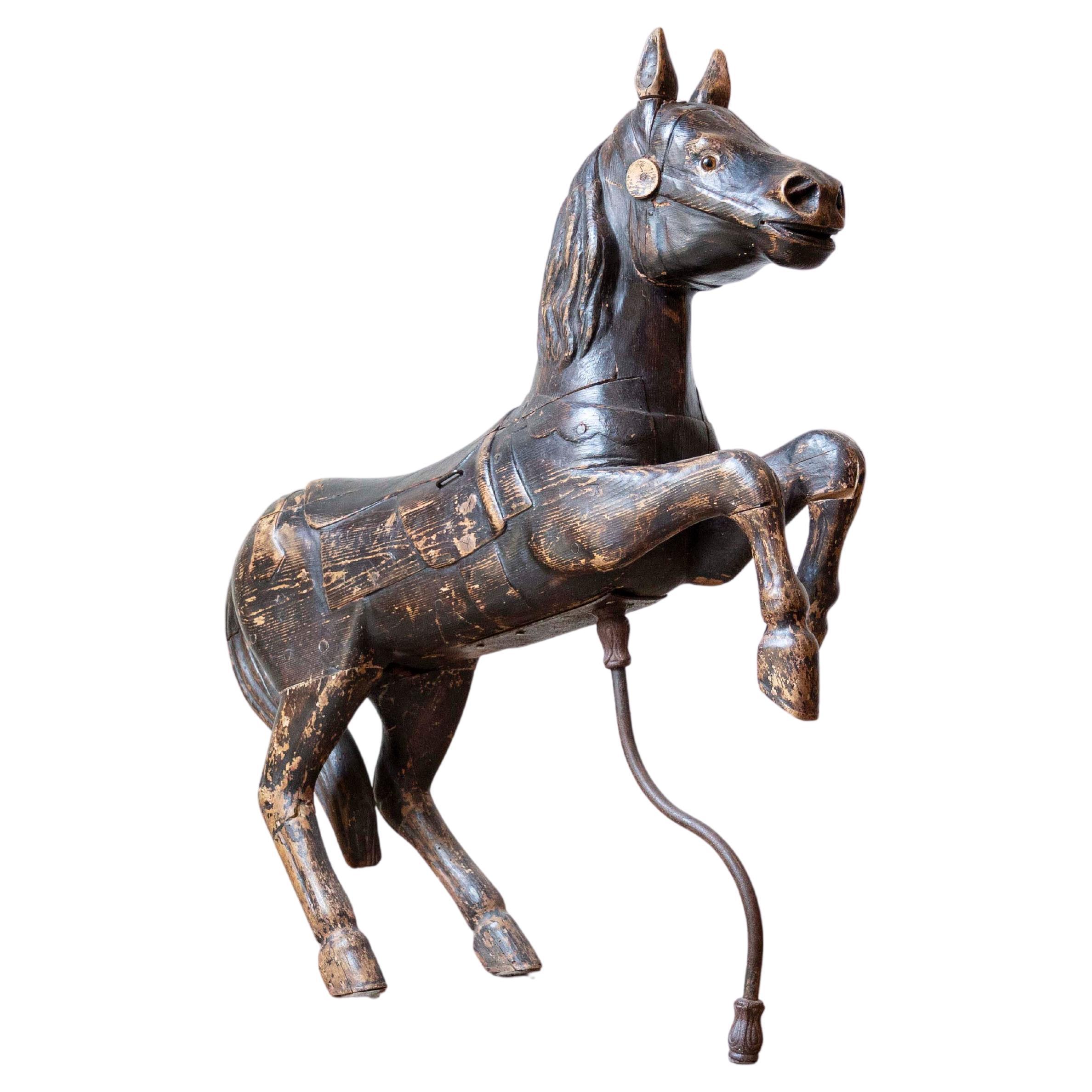 French Late 19th Century Carved Carousel Prancing Horse Sculpture with Patina For Sale