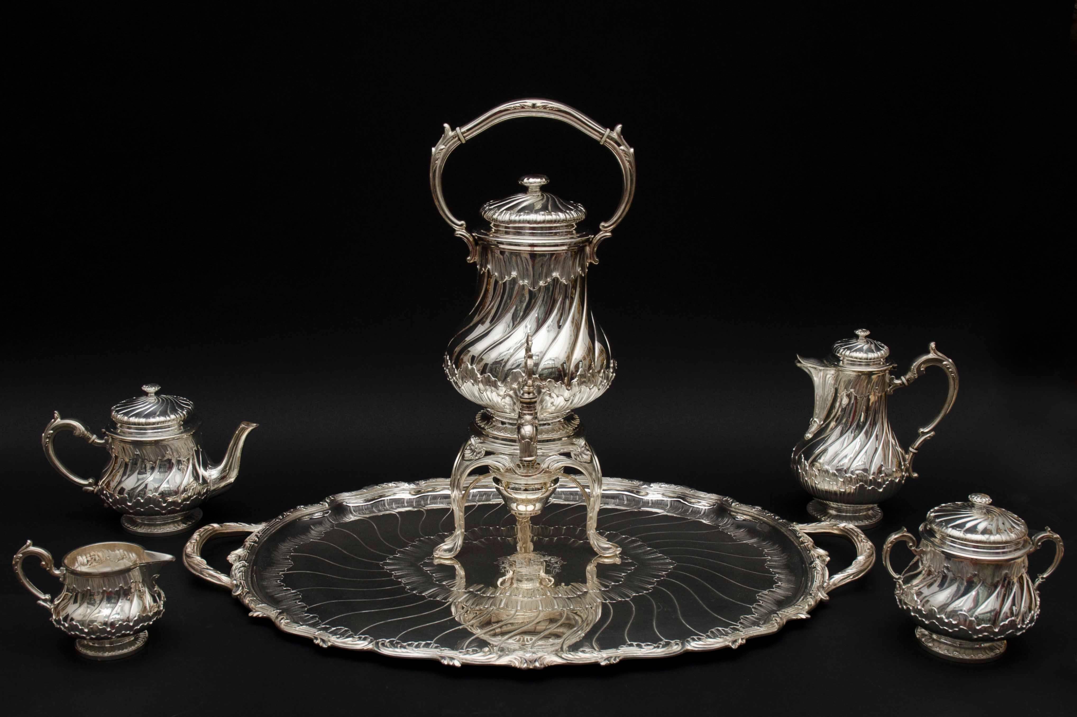 Louis XV French Late 19th Century, Complete Silver Tea and Coffee Set by Odiot in Paris For Sale