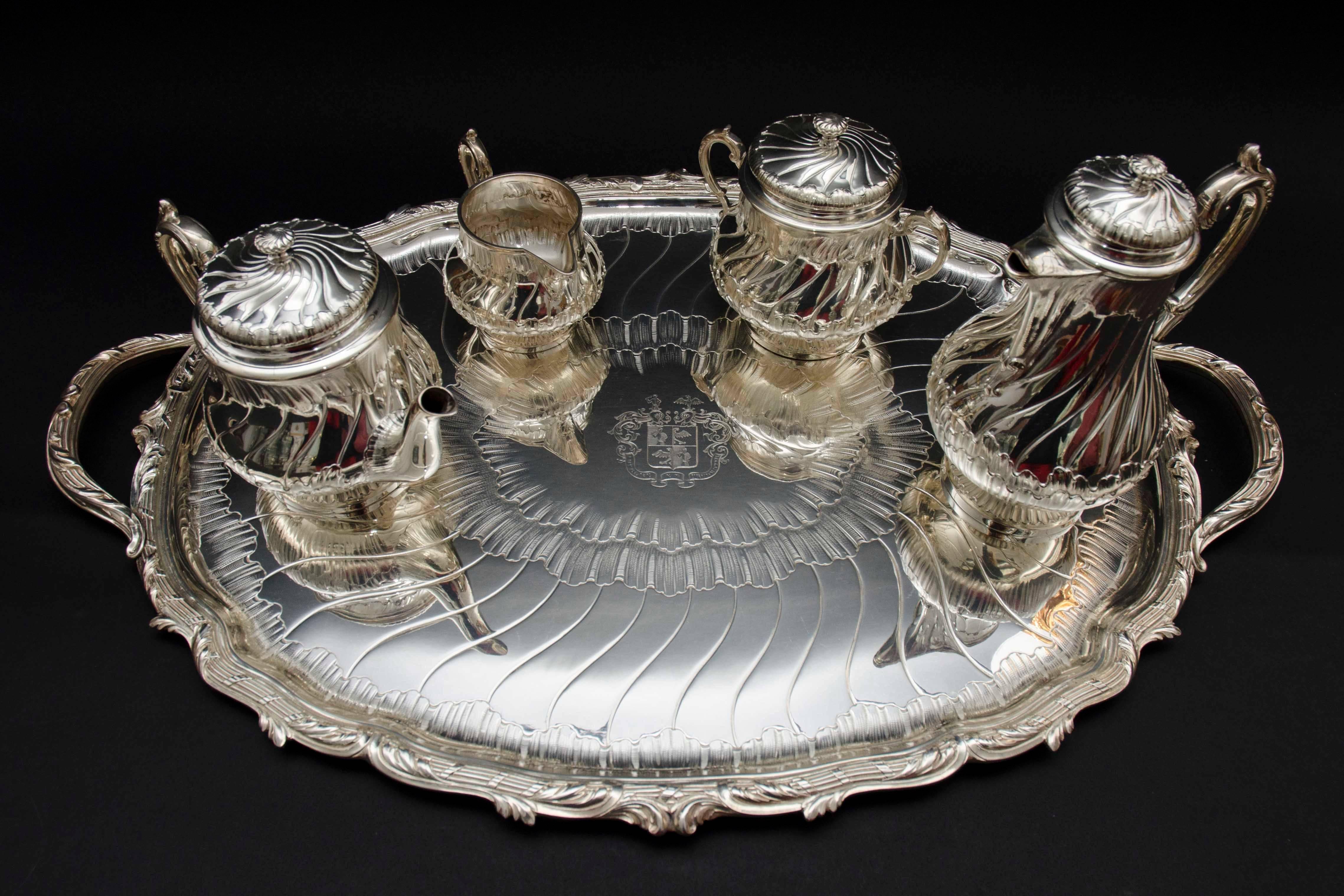 Hand-Carved French Late 19th Century, Complete Silver Tea and Coffee Set by Odiot in Paris For Sale