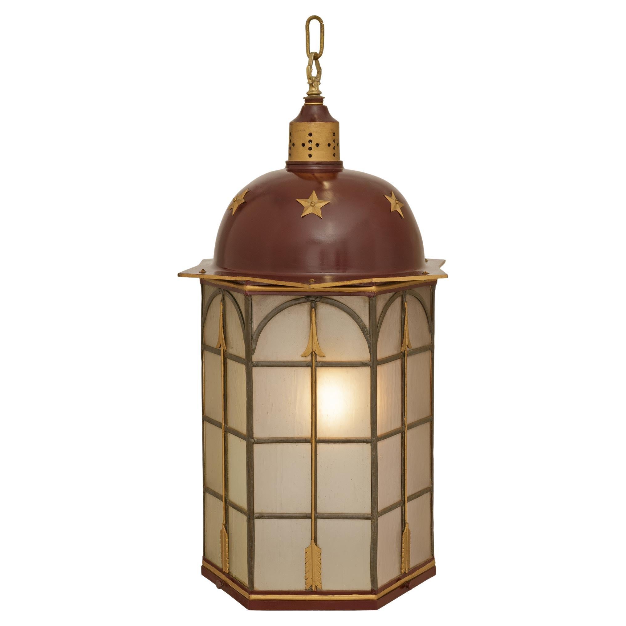 Farol francés de finales del siglo XIX de estilo Directorio patinado, metal dorado y cristal en venta