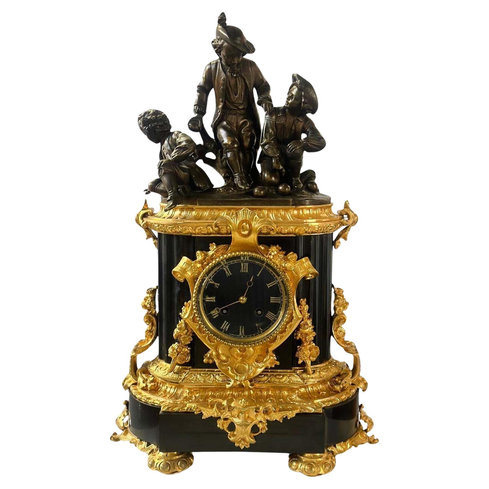 French Late 19th Century D'ore Bronze & Marble Clock by F. Dumouchel For Sale